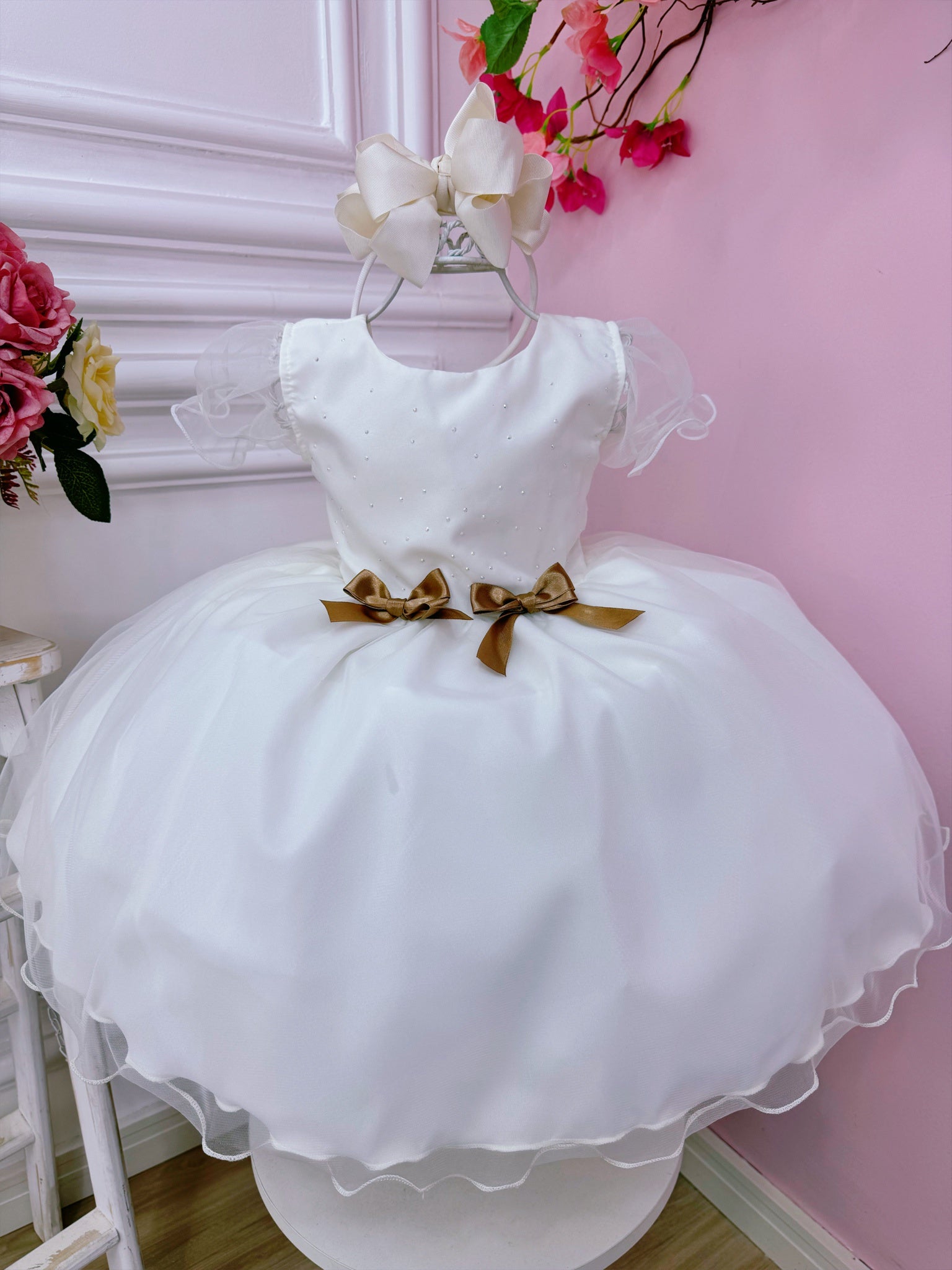 Vestido Infantil Off White Busto Strass C/ Bolero Xadrez Luxo