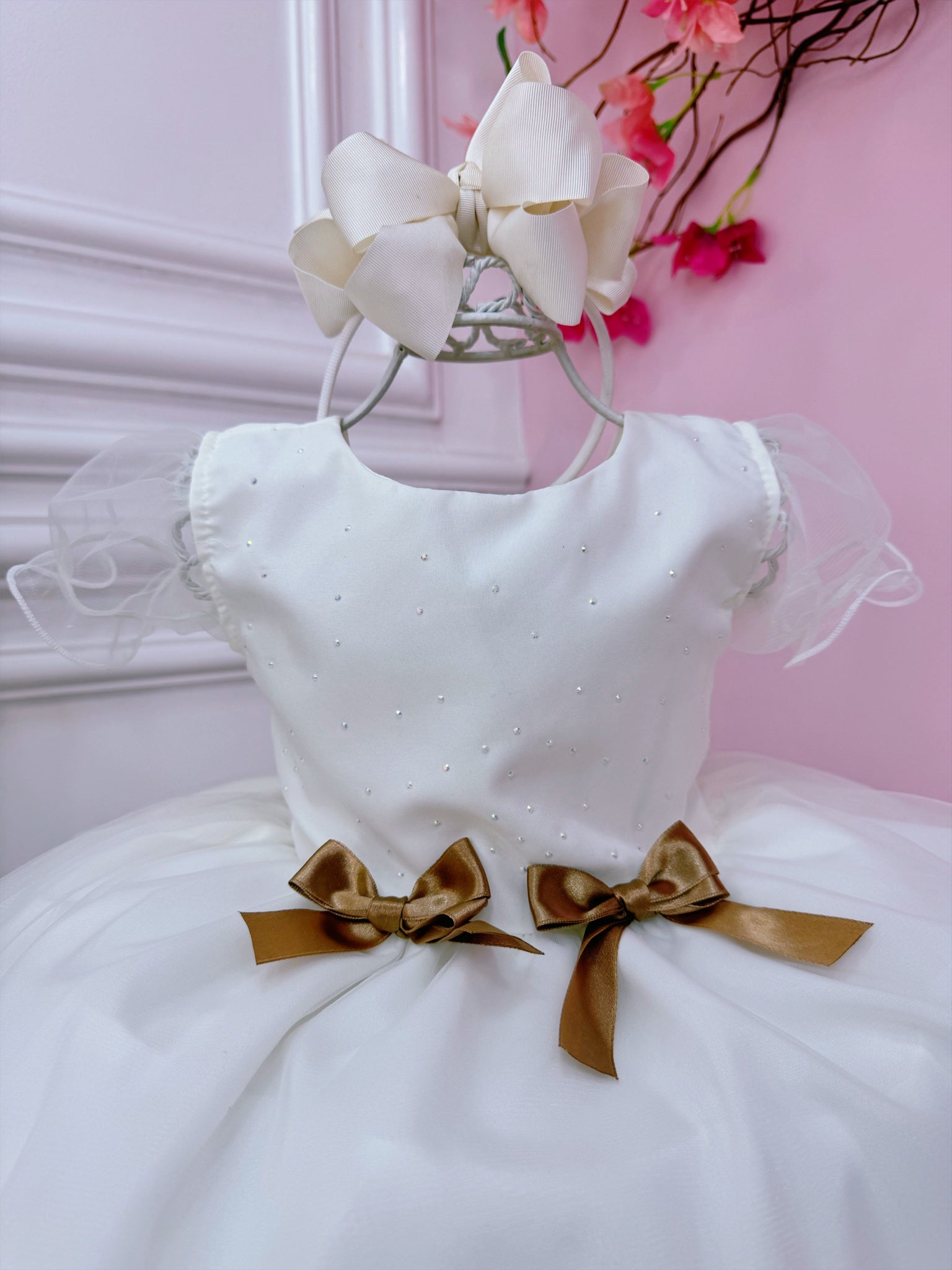 Vestido Infantil Off White Busto Strass C/ Bolero Xadrez Luxo