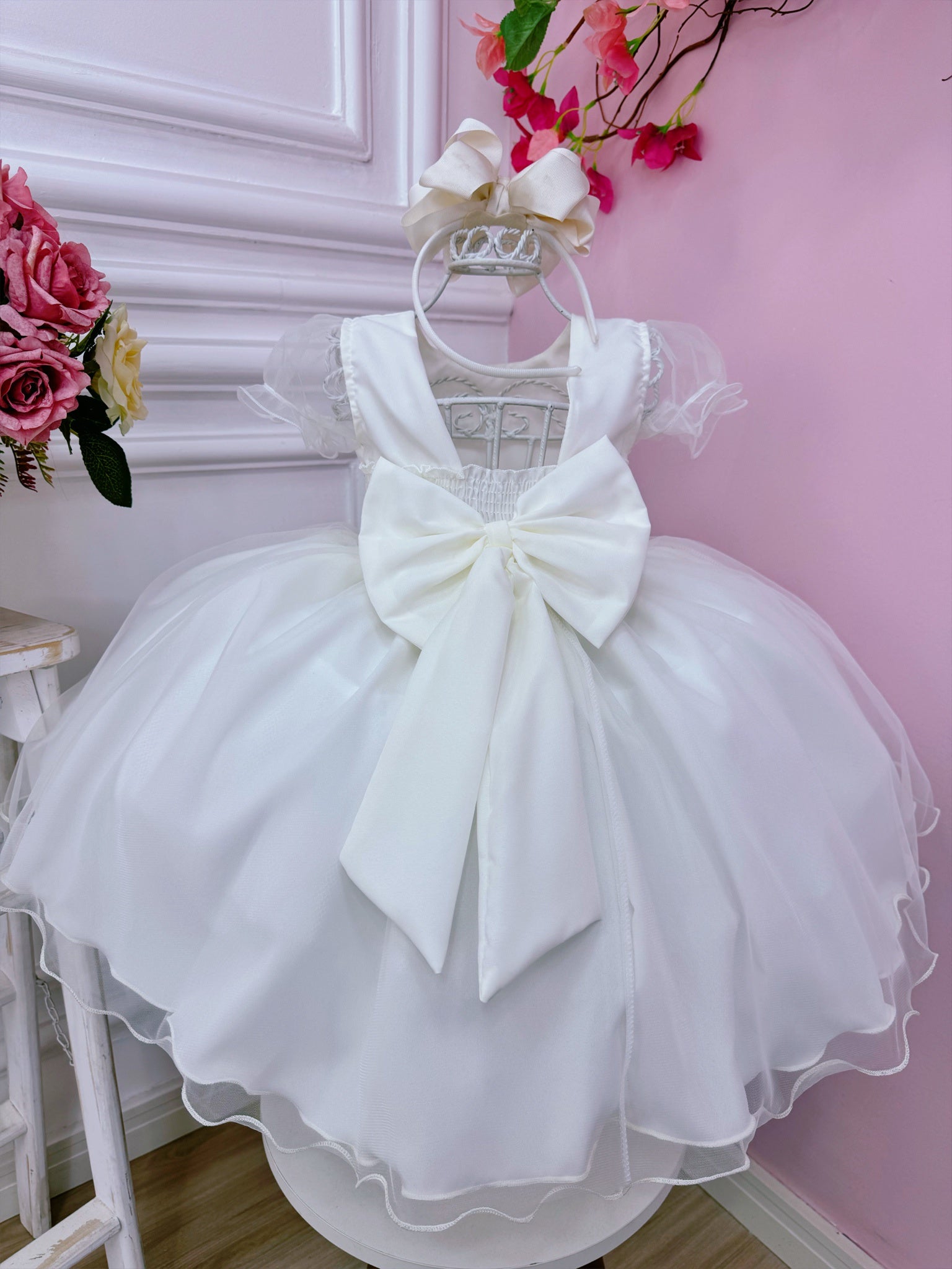 Vestido Infantil Off White Busto Strass C/ Bolero Xadrez Luxo