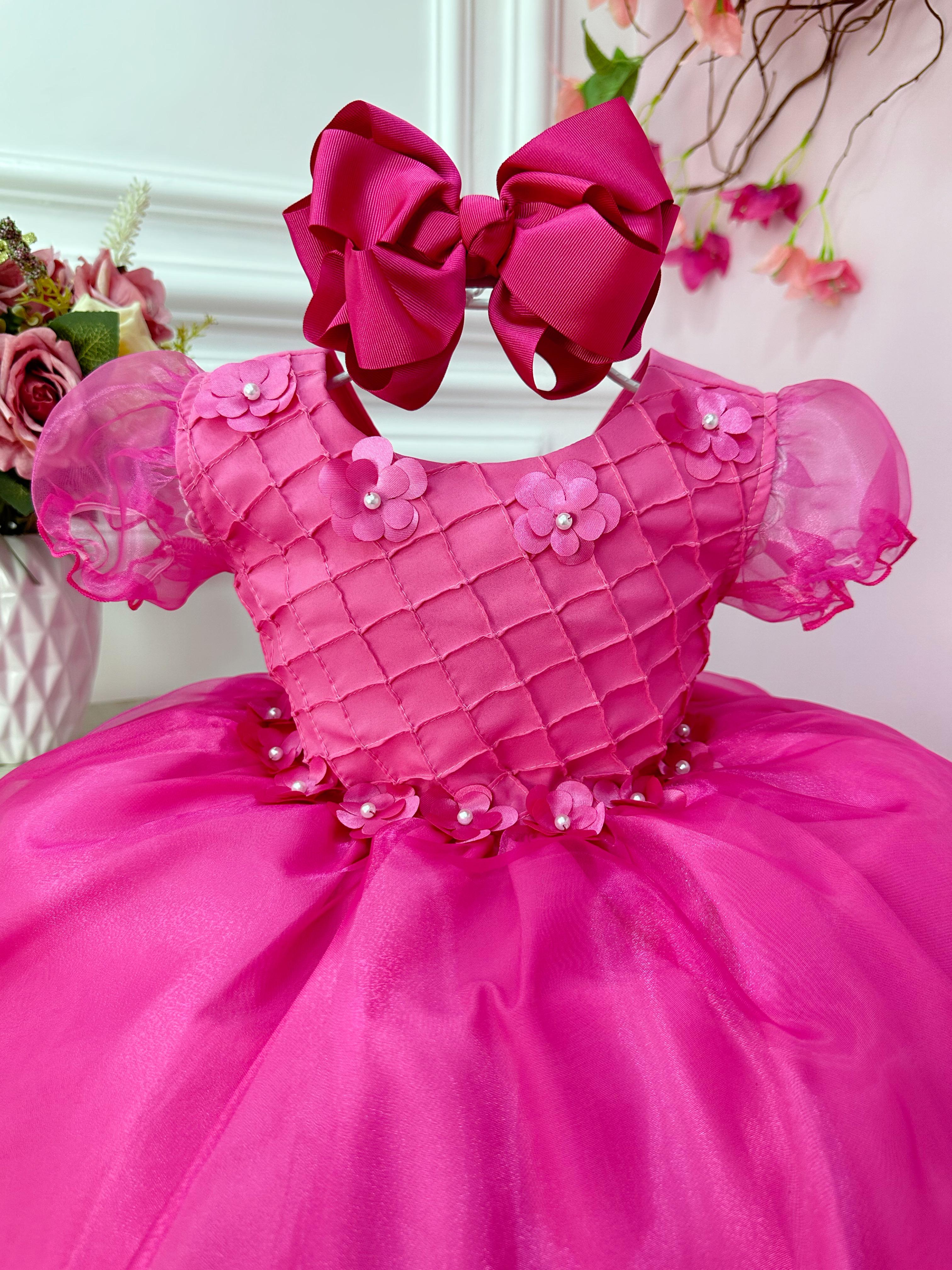 Vestido Infantil Pink Princesa Aurora Barbie Aplique Flores