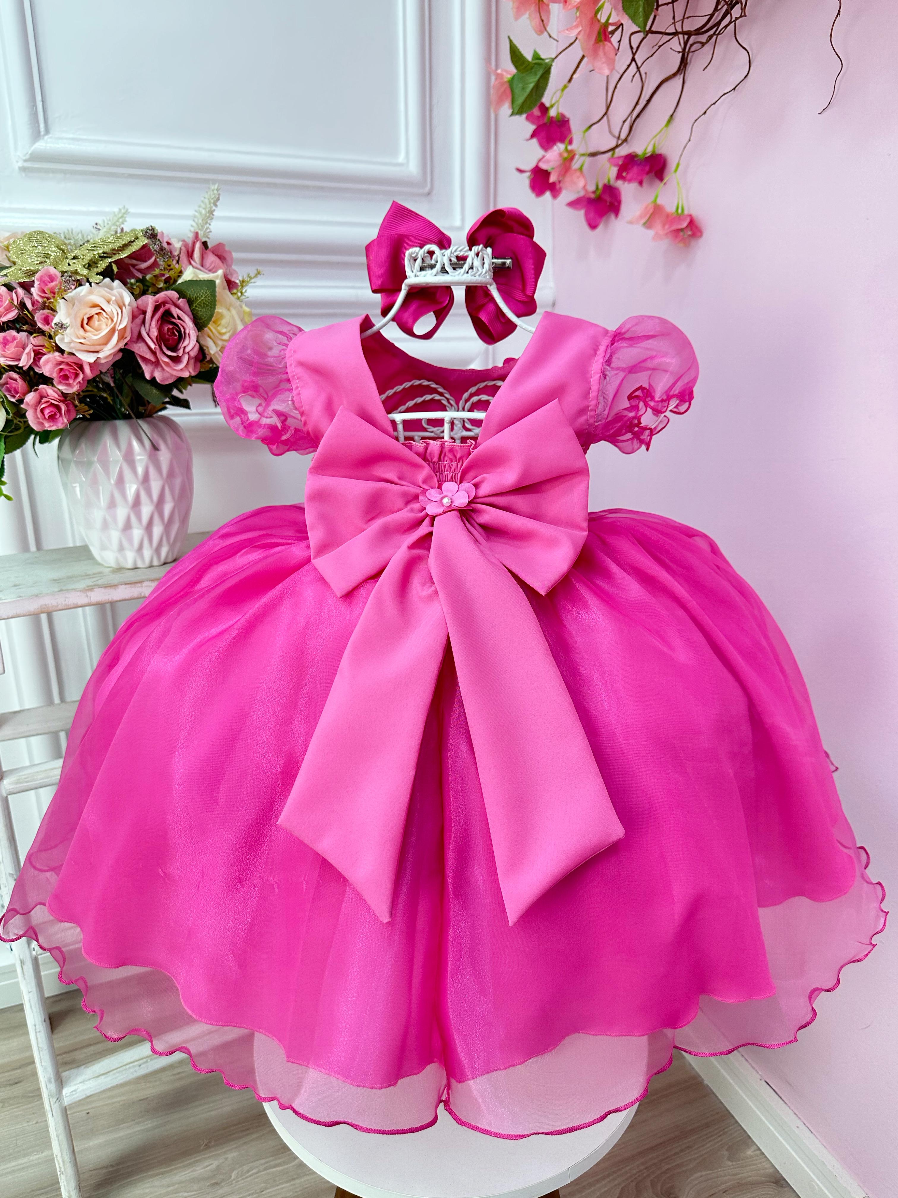 Vestido Infantil Pink Princesa Aurora Barbie Aplique Flores