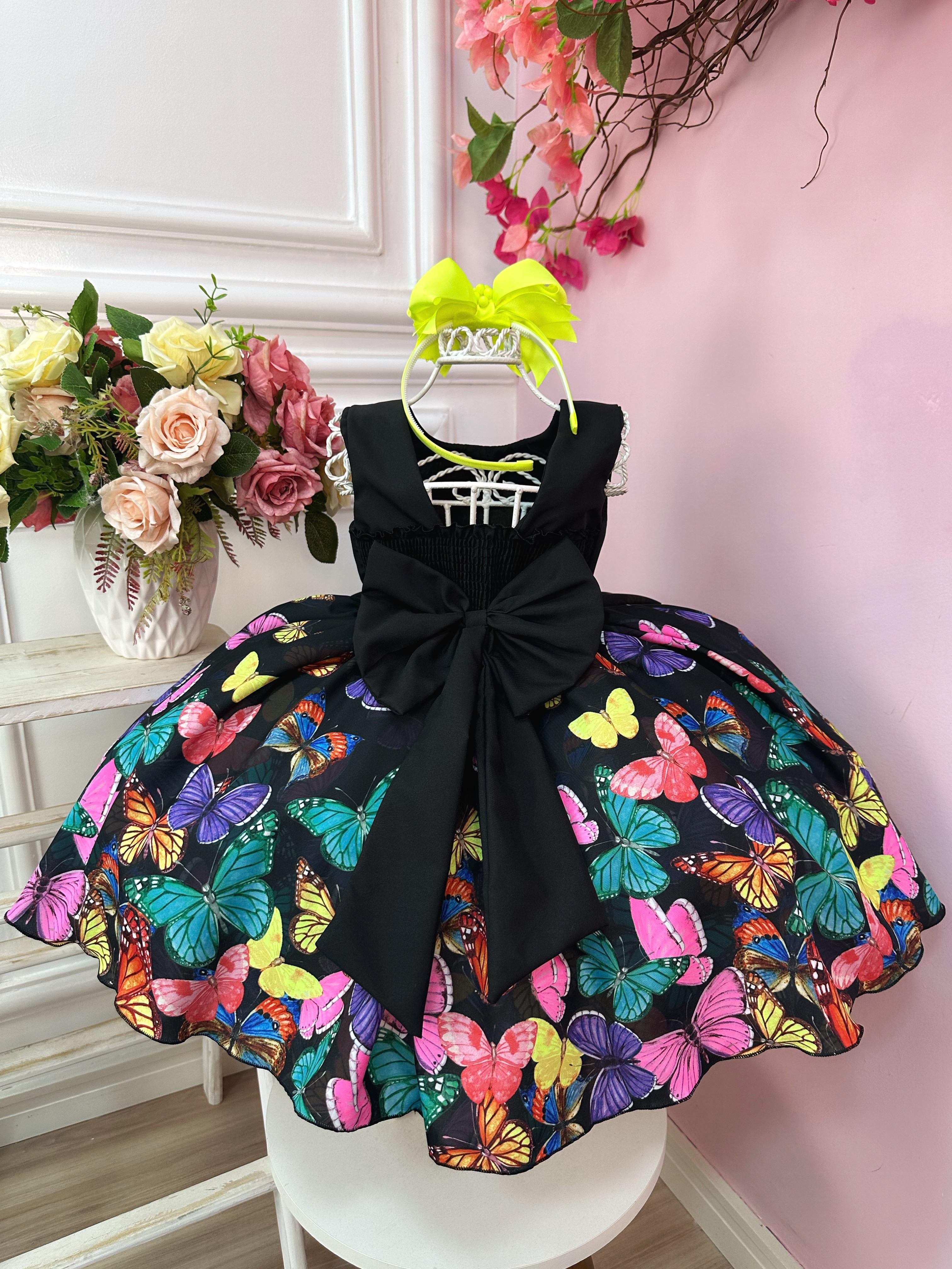 Vestido Infantil Preto Jardim das Borboletas Efeito Neon Luxo