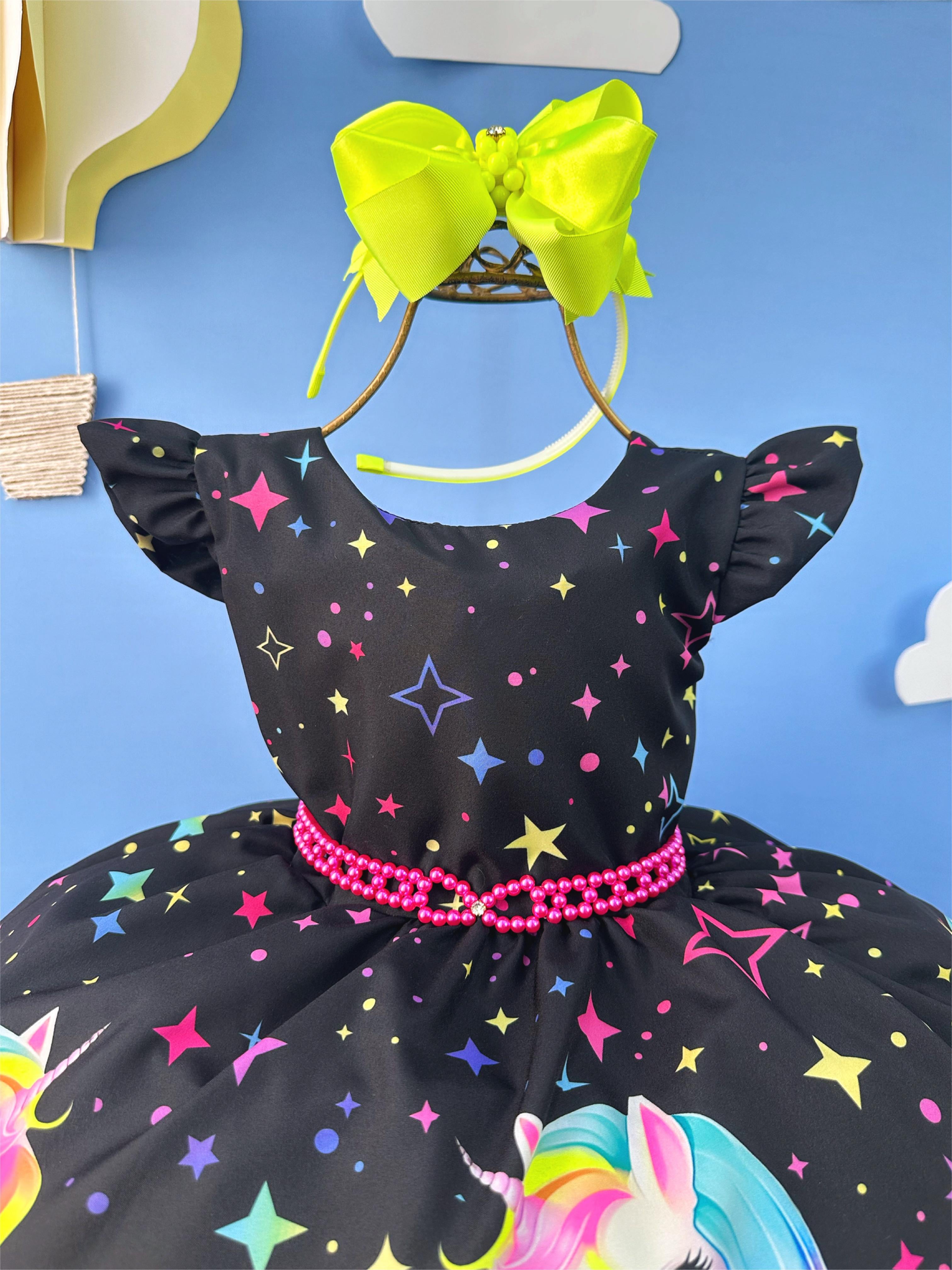 Vestido Infantil Preto Unicórnio Neon Festas Aniversários