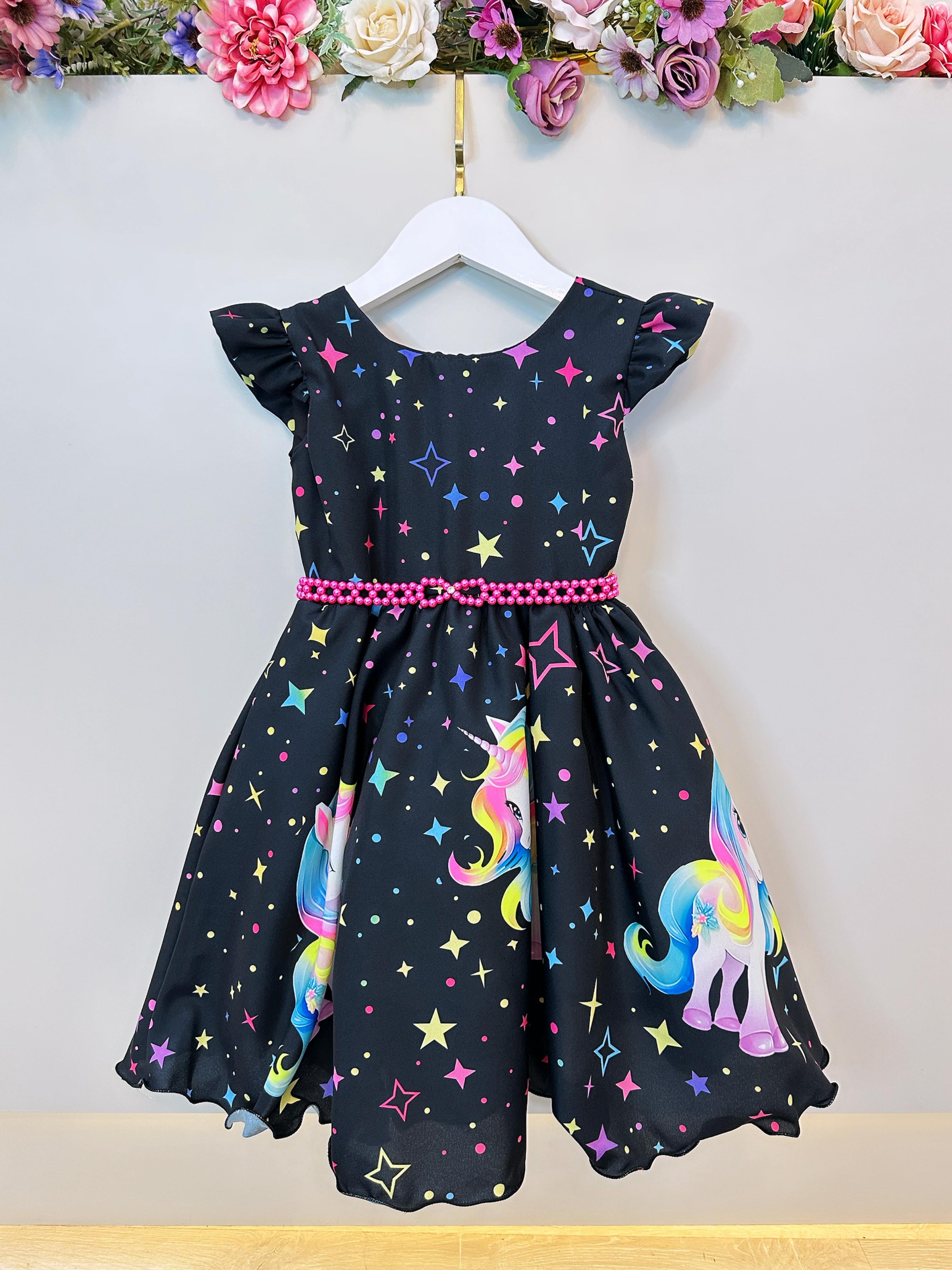 Vestido Infantil Preto Unicórnio Neon Festas Aniversários