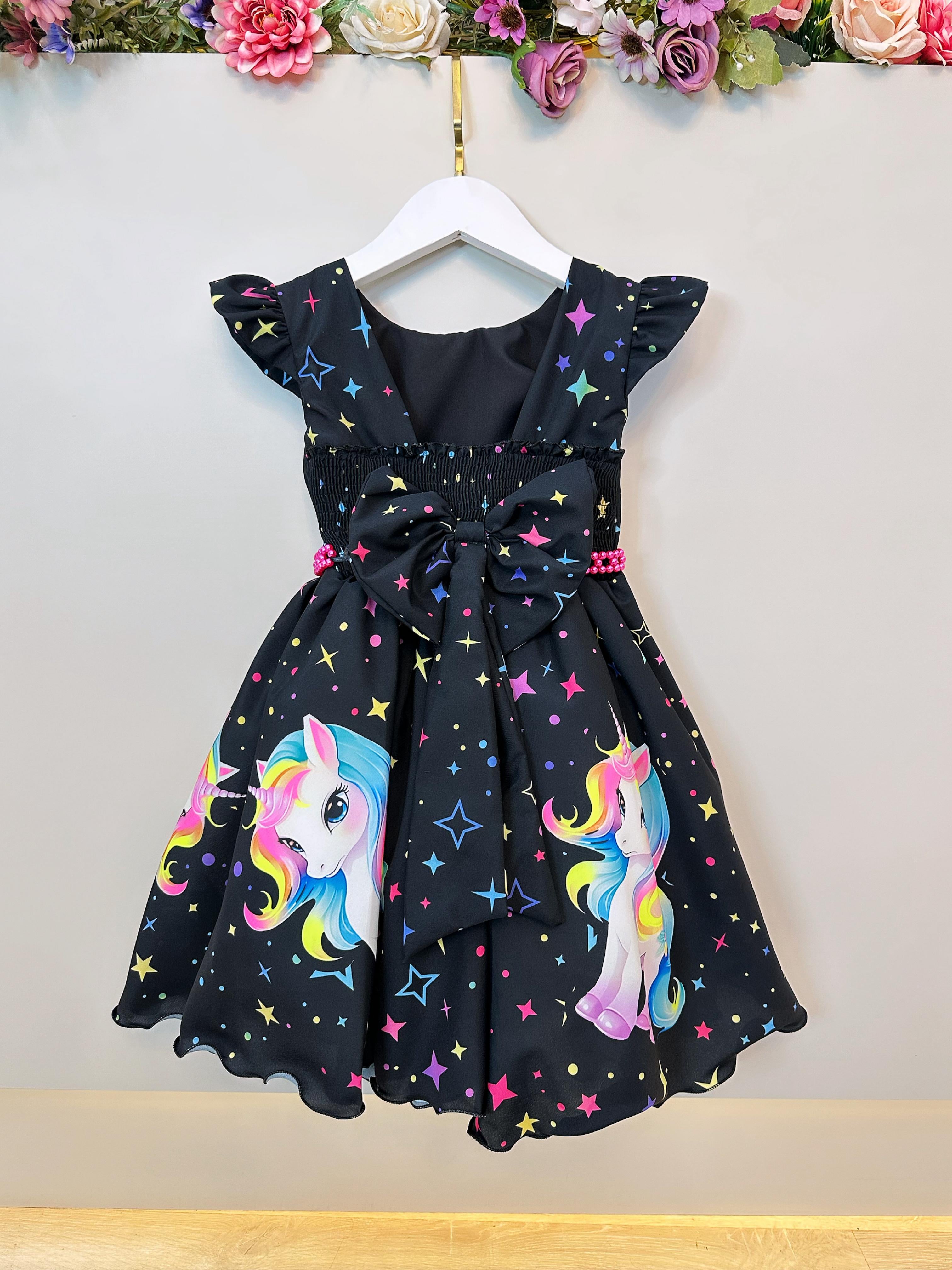 Vestido Infantil Preto Unicórnio Neon Festas Aniversários