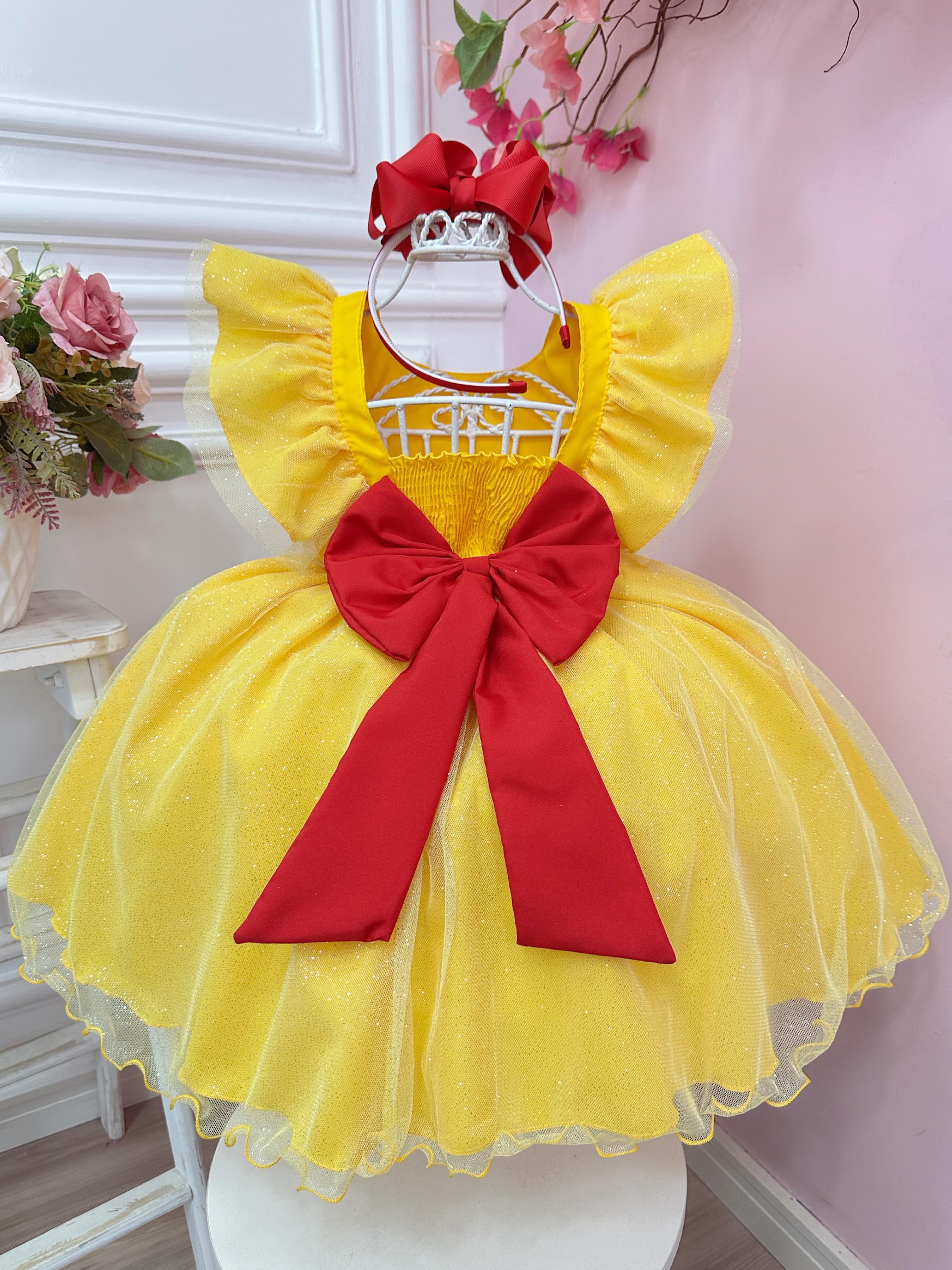 Vestido Infantil Princesa Bela e a Fera Com Babados e Strass
