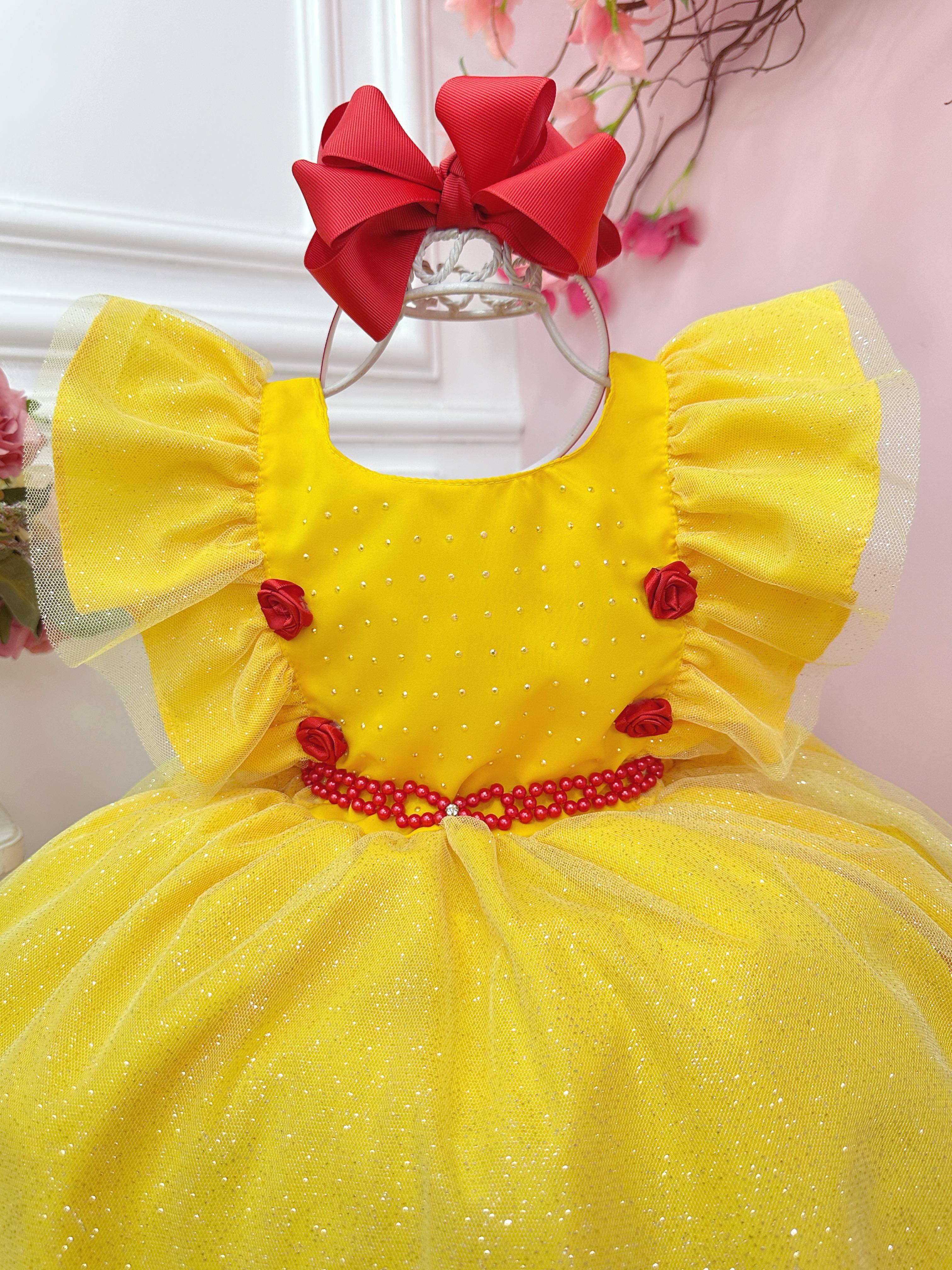 Vestido Infantil Princesa Bela e a Fera Com Babados e Strass