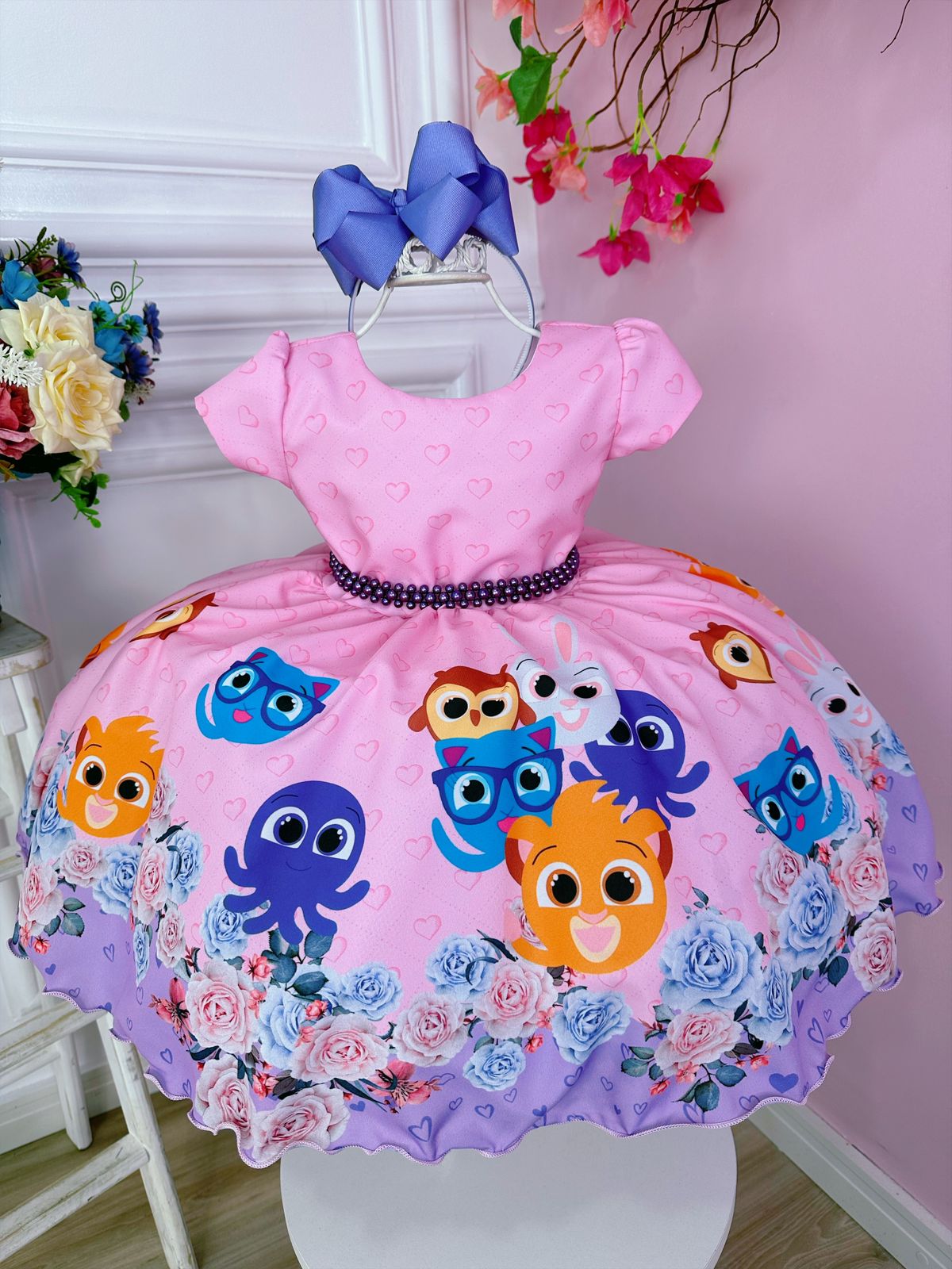 Vestido Infantil Rosa Bolofofos Florido C/ Cinto de Pérolas