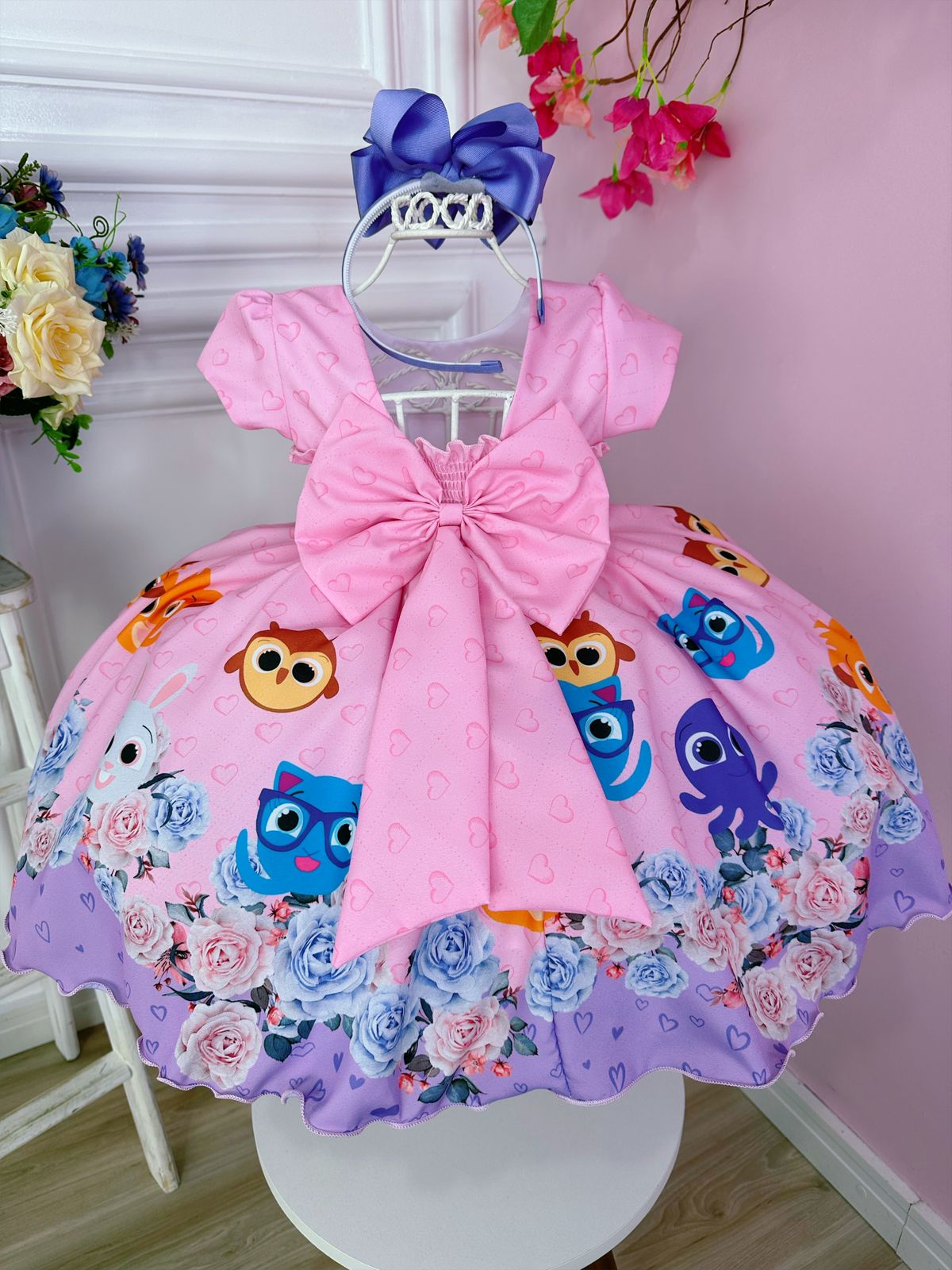 Vestido Infantil Rosa Bolofofos Florido C/ Cinto de Pérolas