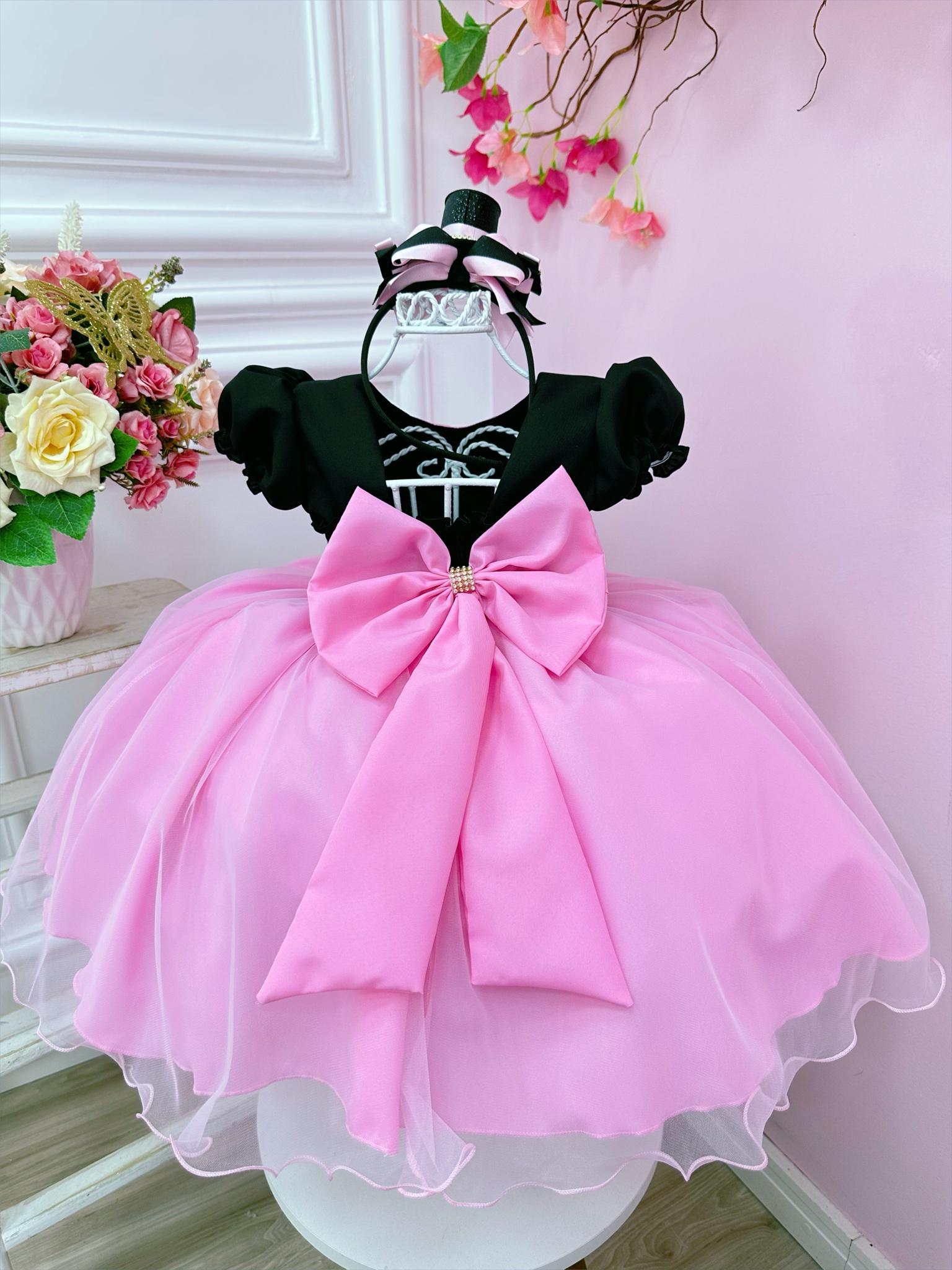 Vestido Infantil Rosa Circo Chefinha C/ Broche de Laço Festas