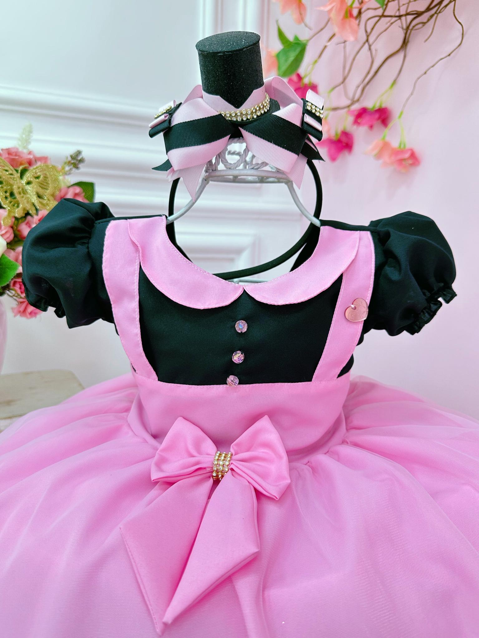 Vestido Infantil Rosa Circo Chefinha C/ Broche de Laço Festas