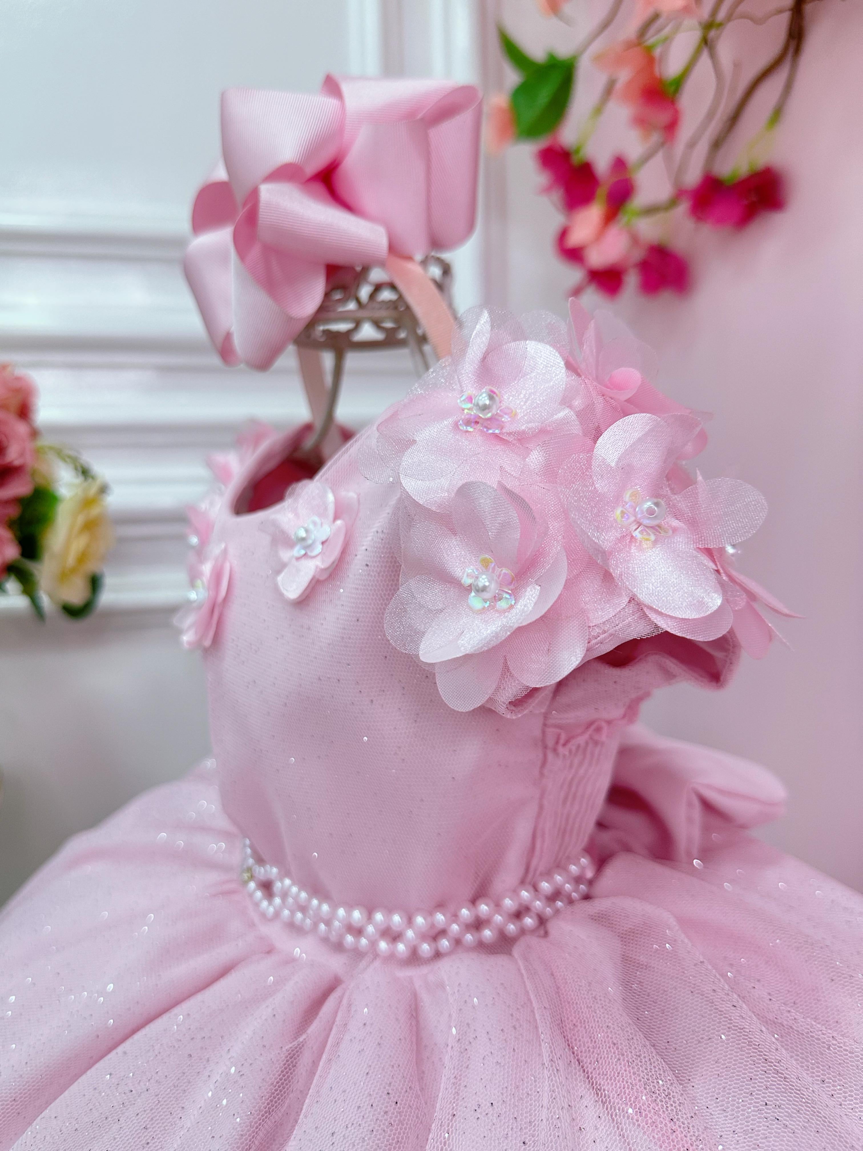 Vestido Infantil Rosa Claro Com Apliques de Flores Daminha