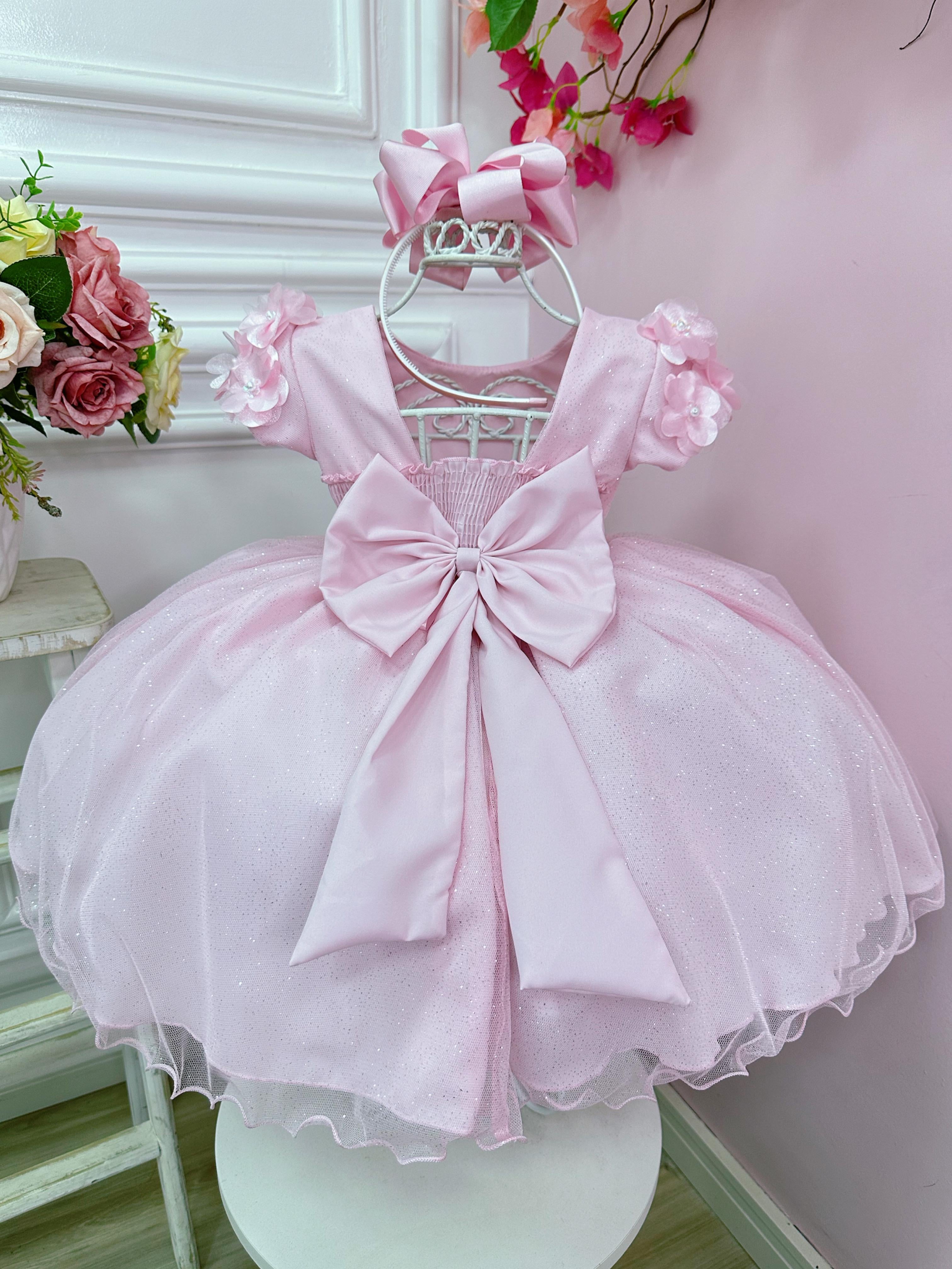 Vestido Infantil Rosa Claro Com Apliques de Flores Daminha