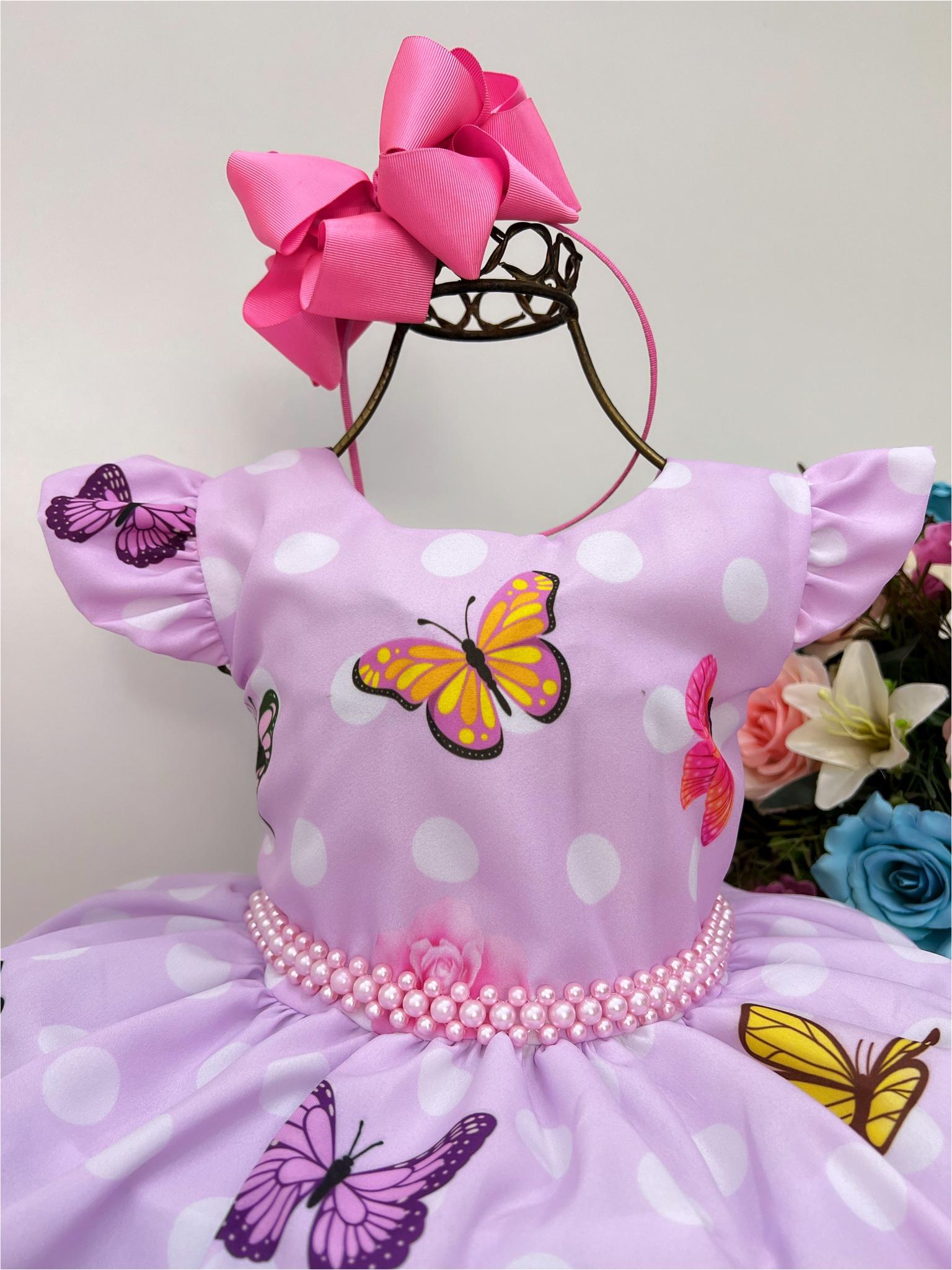 Vestido Infantil Rosa Jardim das Borboletas Cinto de Pérolas