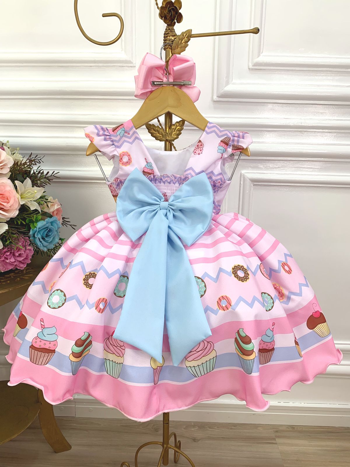 Vestido Infantil Rosa Mundo dos Doces Confeitaria C/ Broche