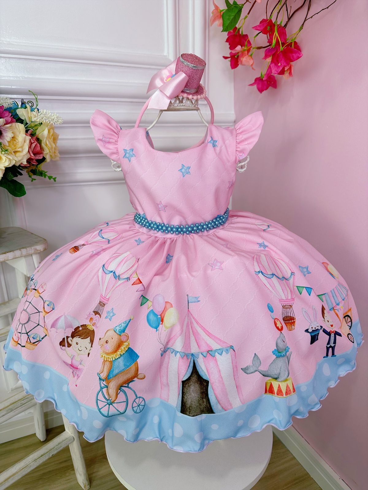 Vestido Infantil Rosa Turma do Circo Com Estrelas Pérolas