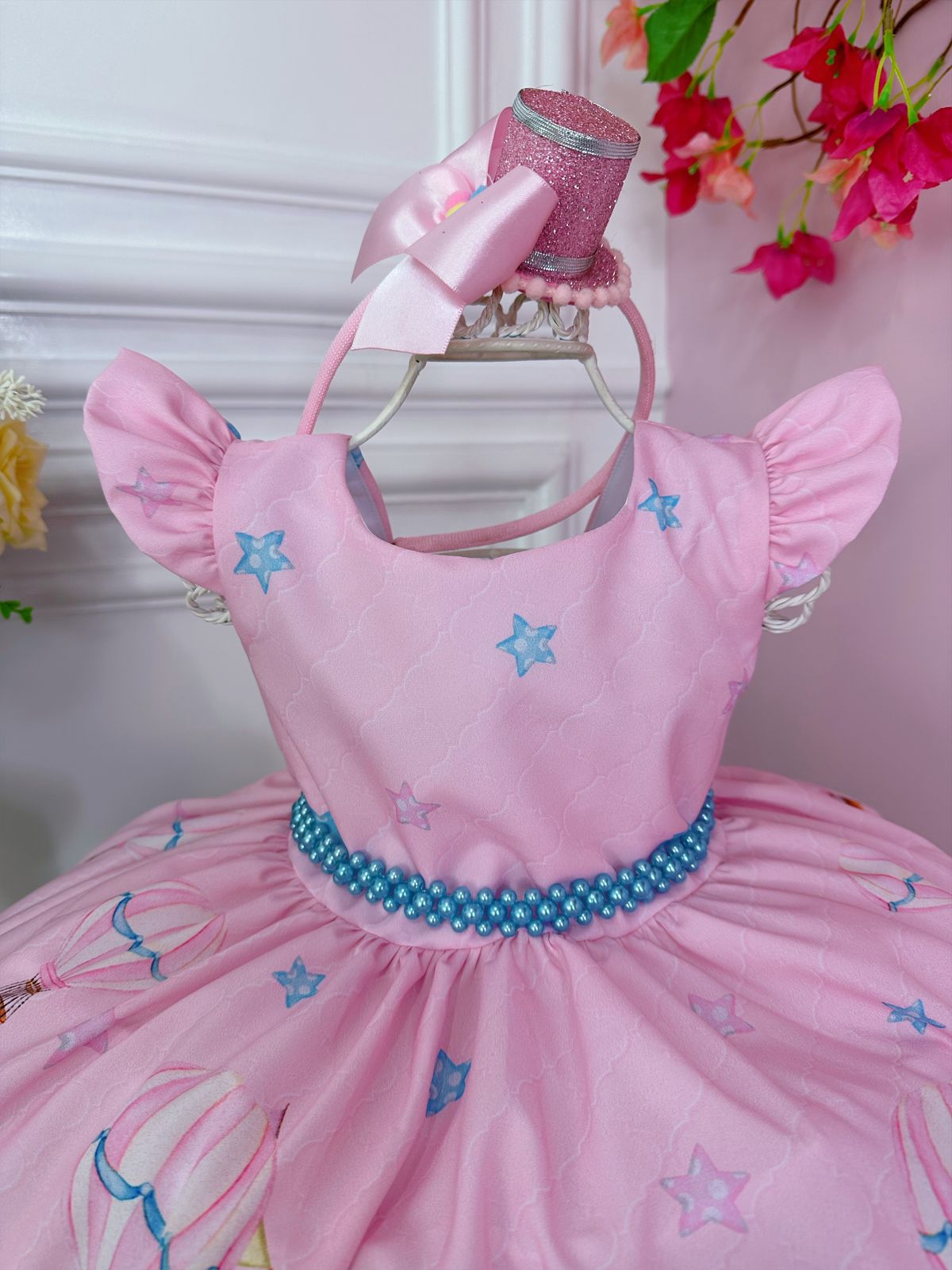 Vestido Infantil Rosa Turma do Circo Com Estrelas Pérolas