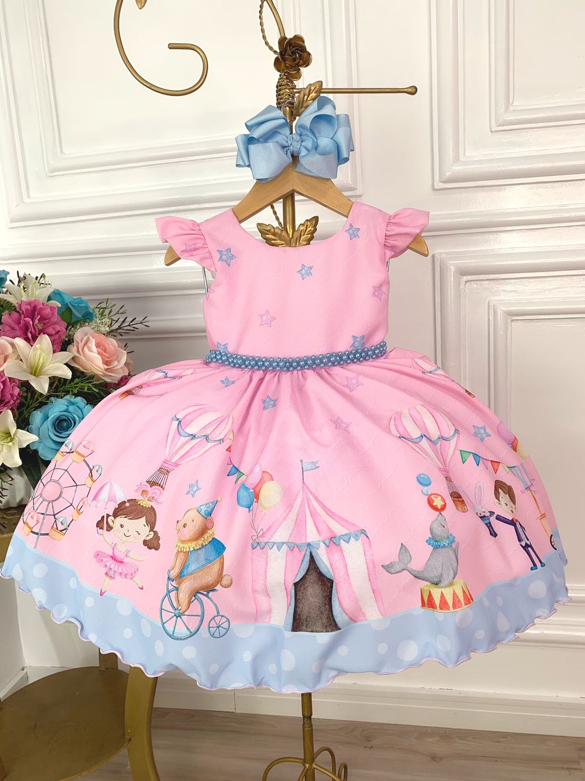 Vestido Infantil Rosa Turma do Circo Com Estrelas Pérolas