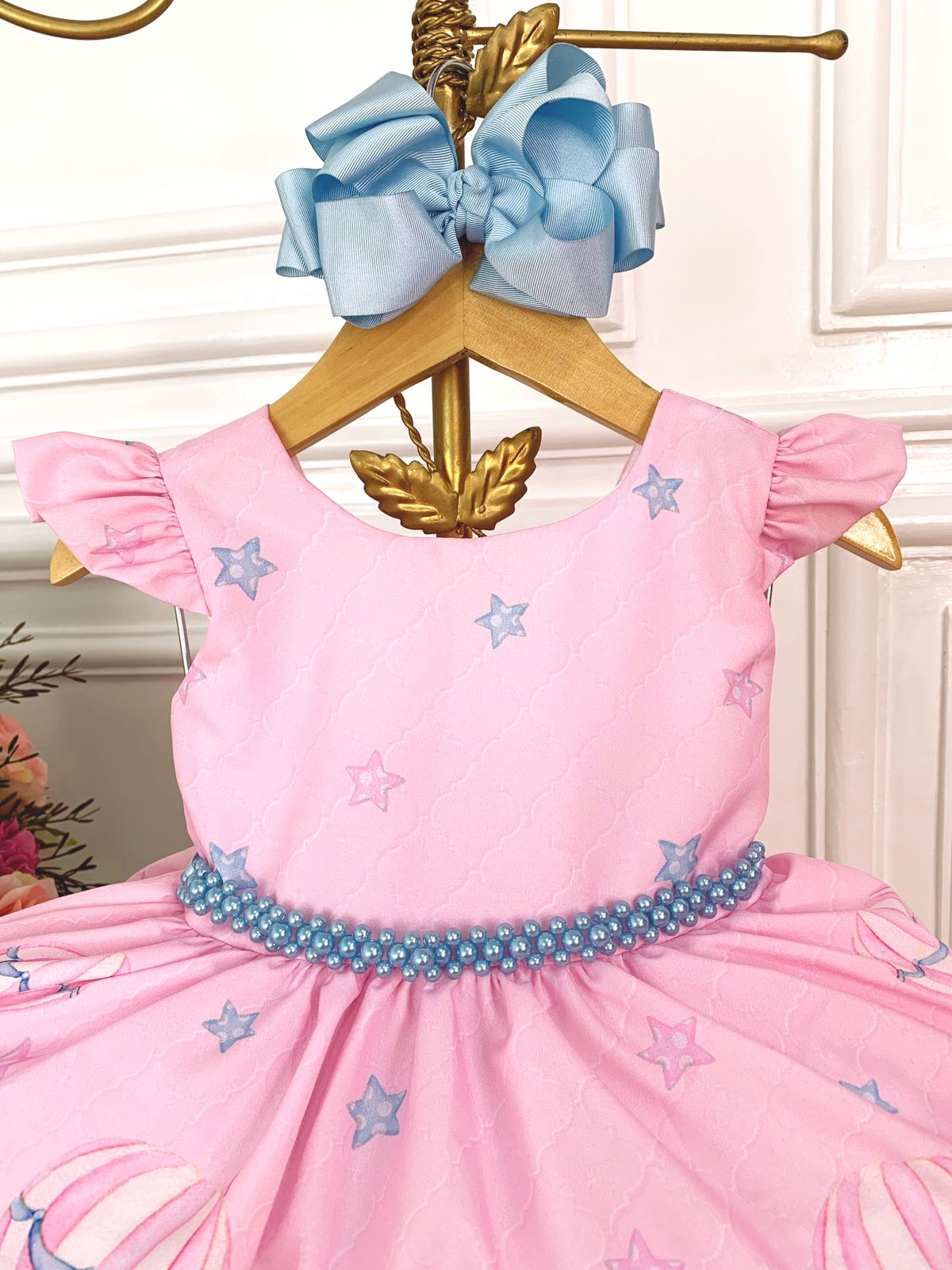 Vestido Infantil Rosa Turma do Circo Com Estrelas Pérolas