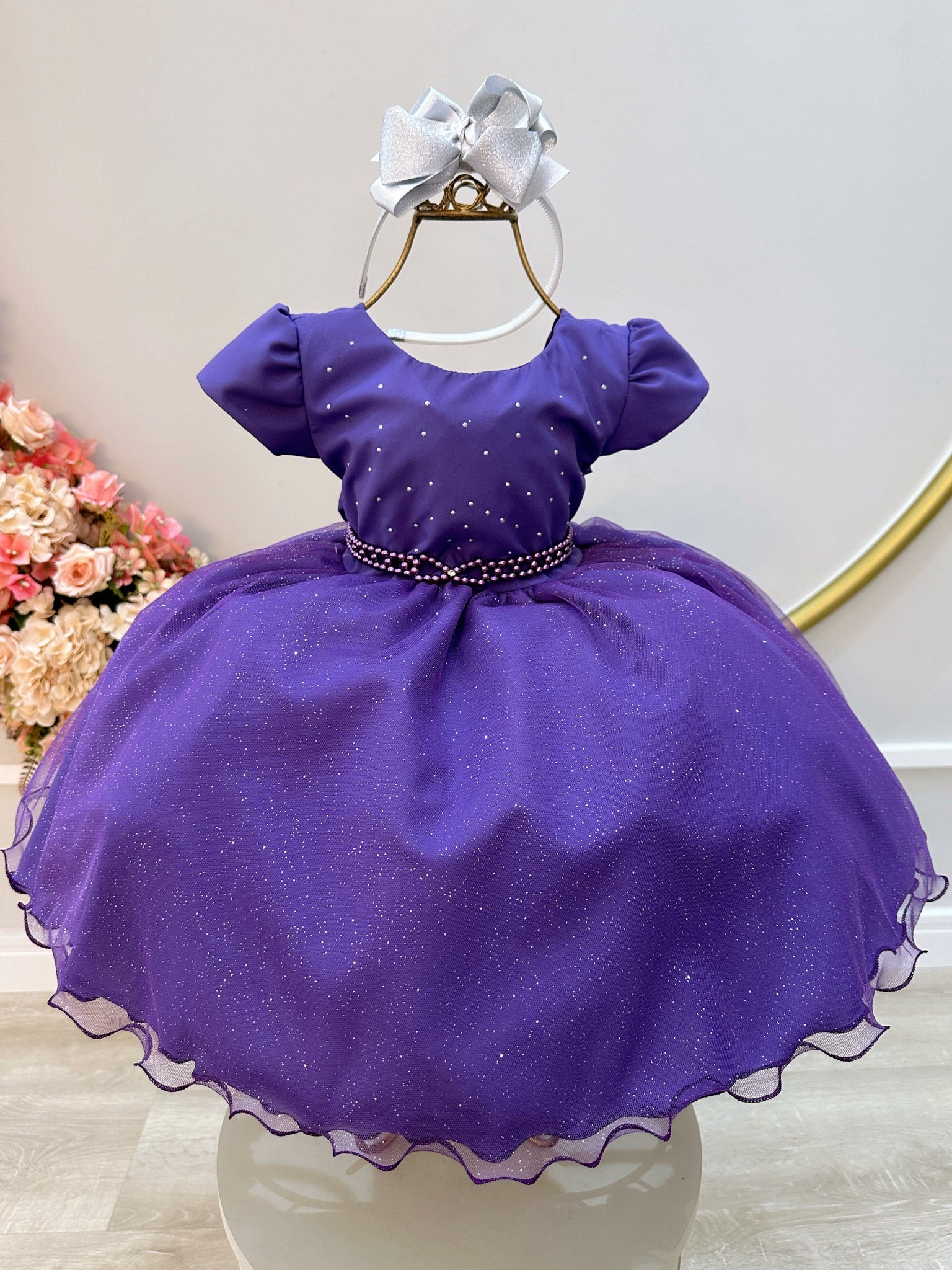 Vestido Infantil Roxo Busto C/ Strass e Saia com Glitter