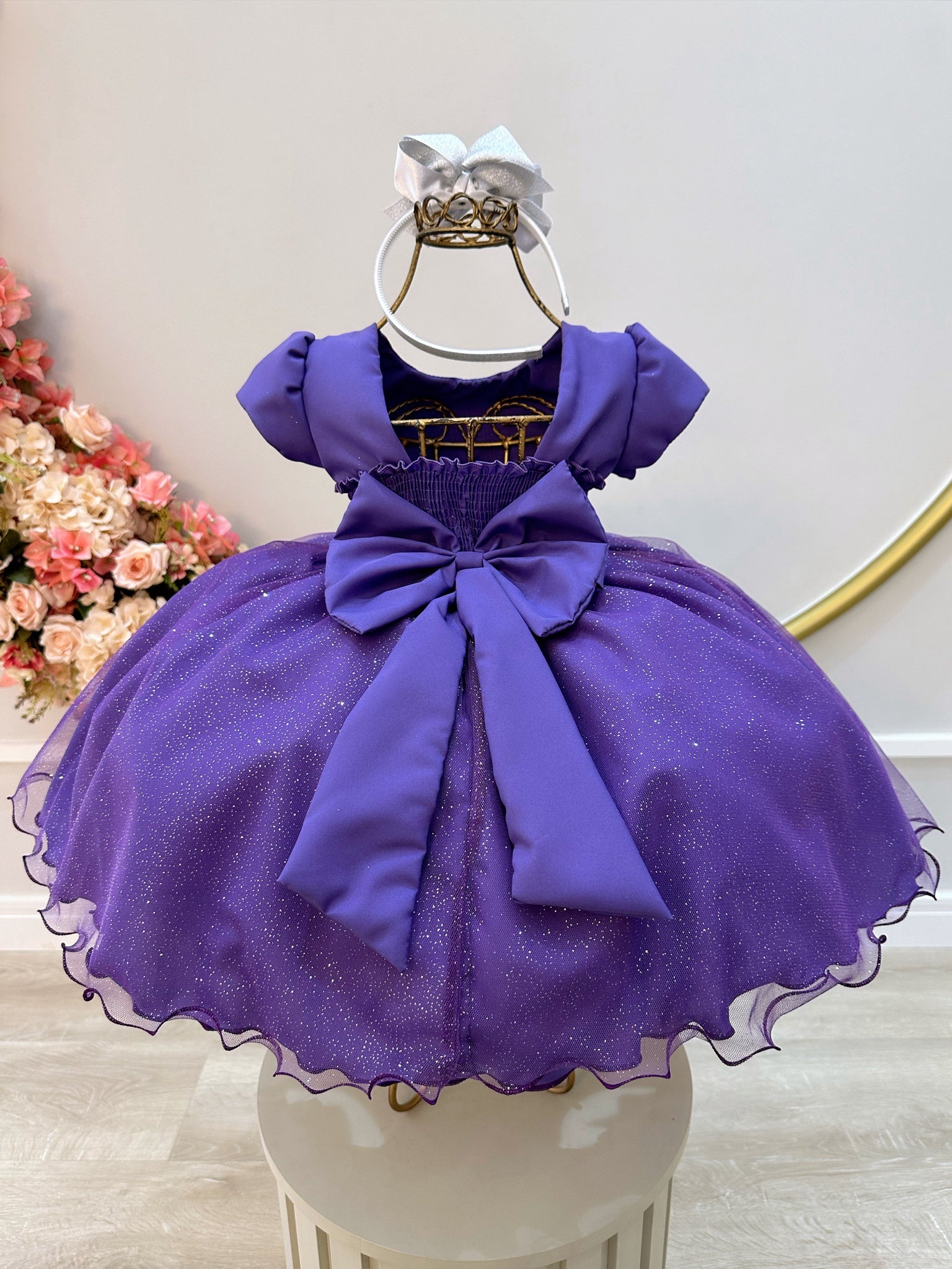 Vestido Infantil Roxo Busto C/ Strass e Saia com Glitter