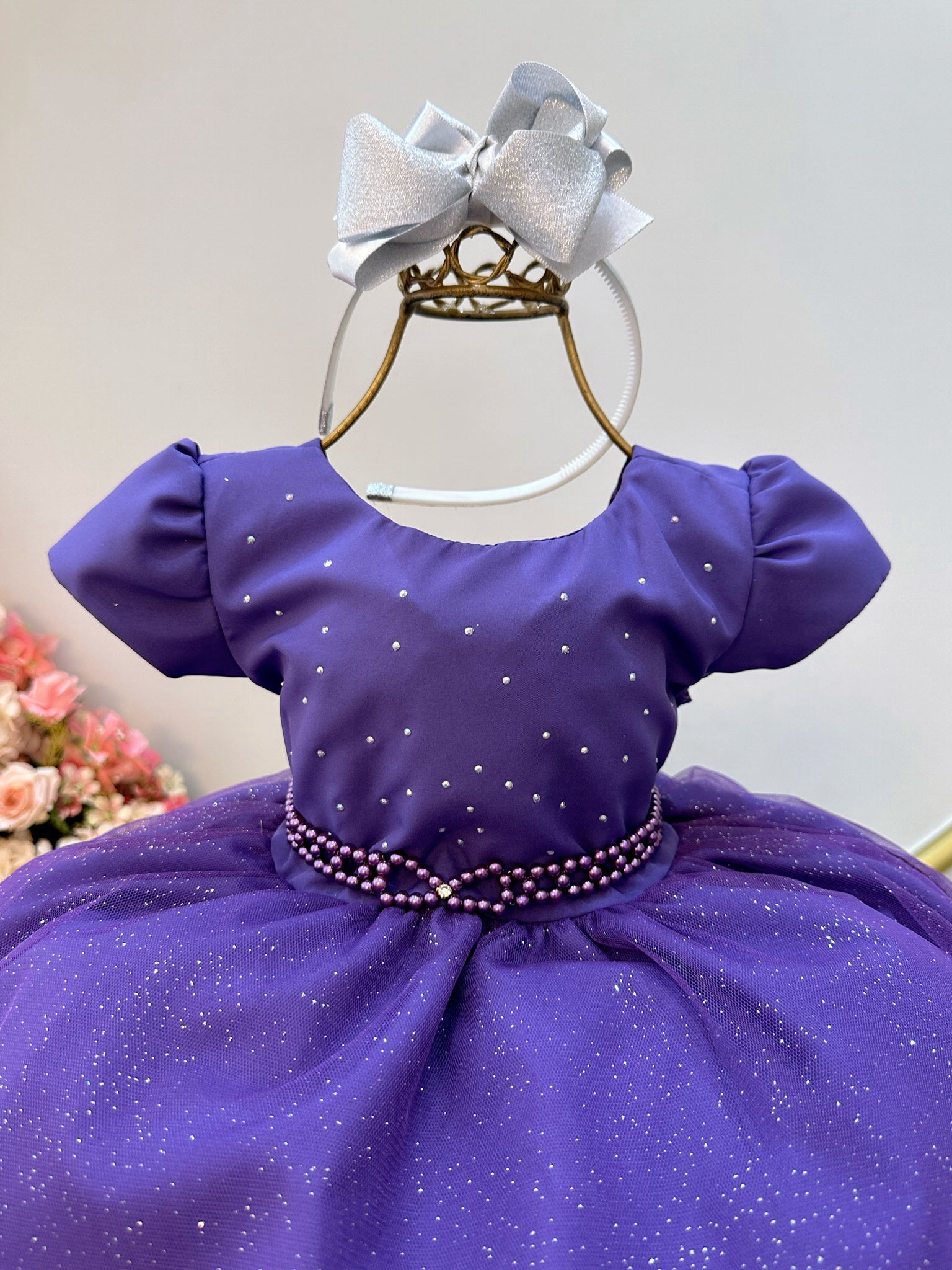 Vestido Infantil Roxo Busto C/ Strass e Saia com Glitter