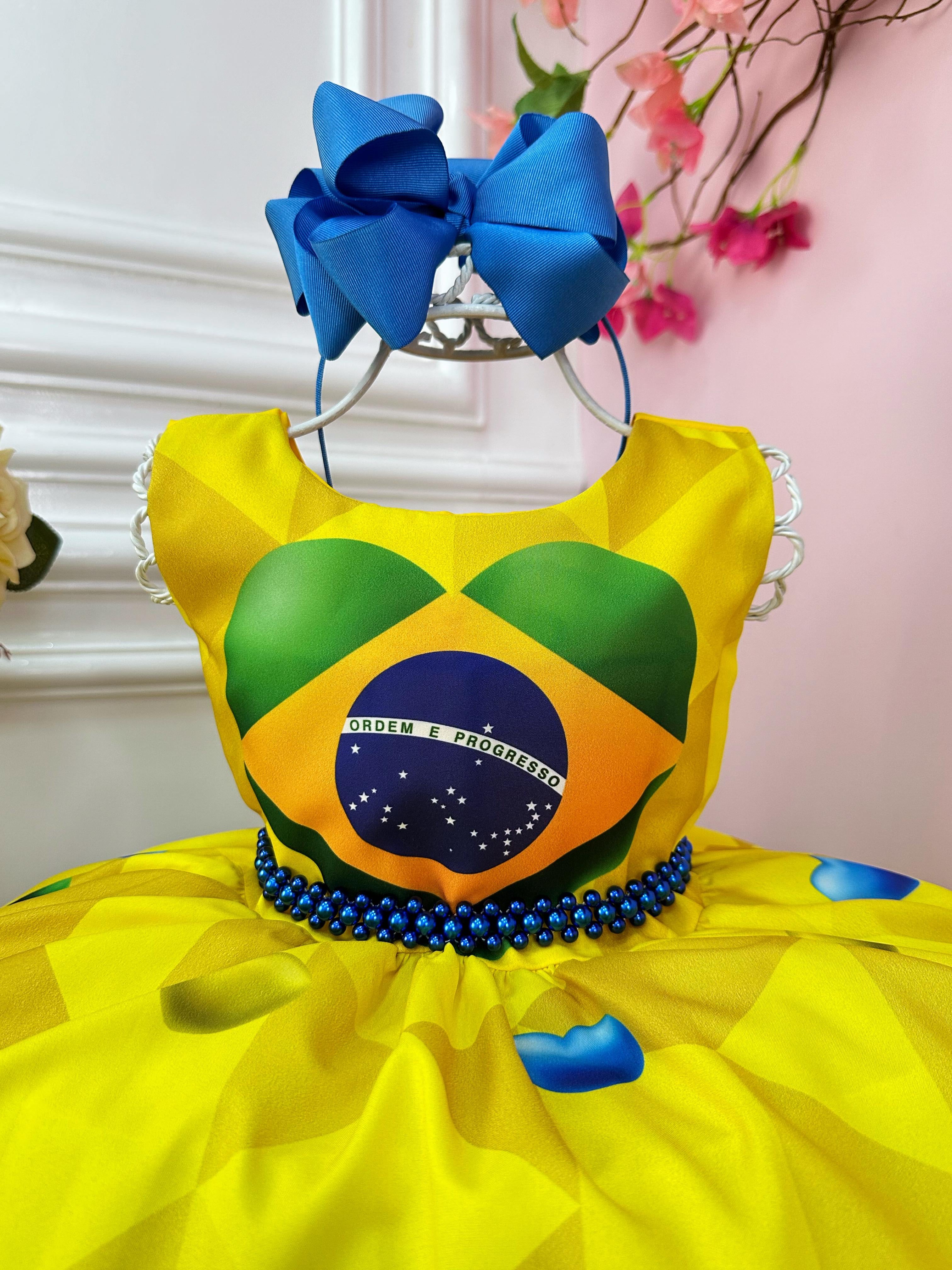 Vestido Infantil Temático Amarelo e Azul Brasil C/ Pérolas