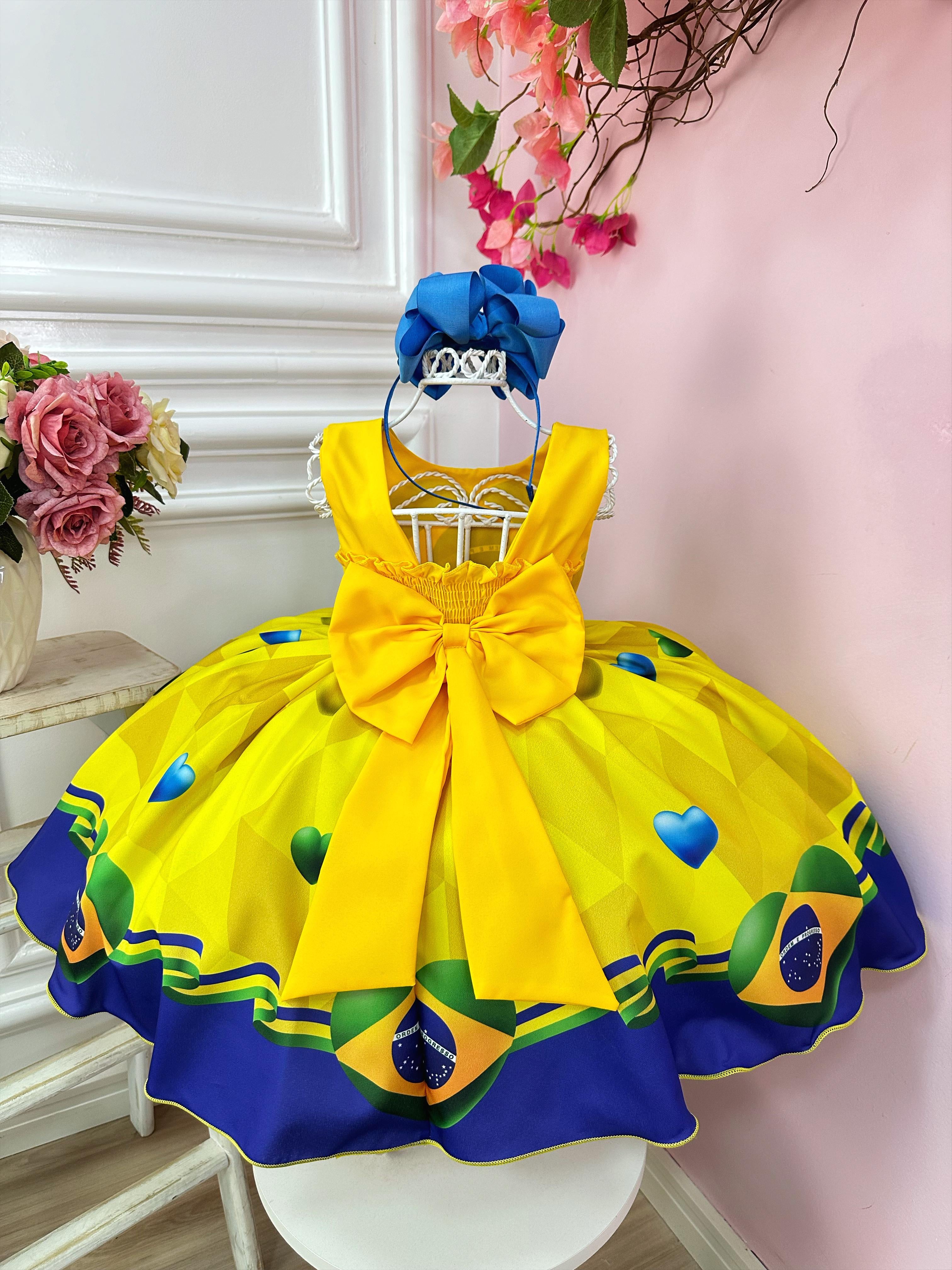 Vestido Infantil Temático Amarelo e Azul Brasil C/ Pérolas