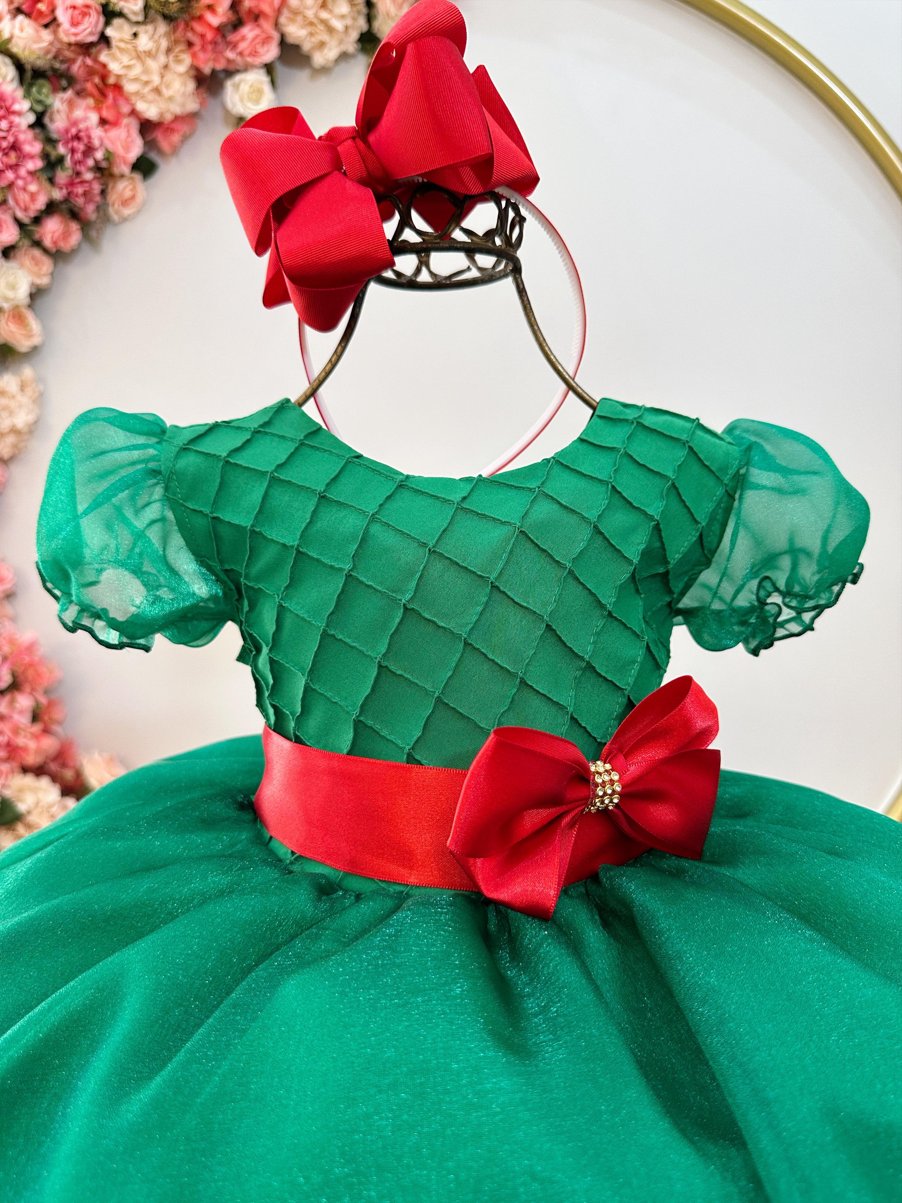 Vestido Infantil Verde C/ Busto Plissado e Broche Natal Festa