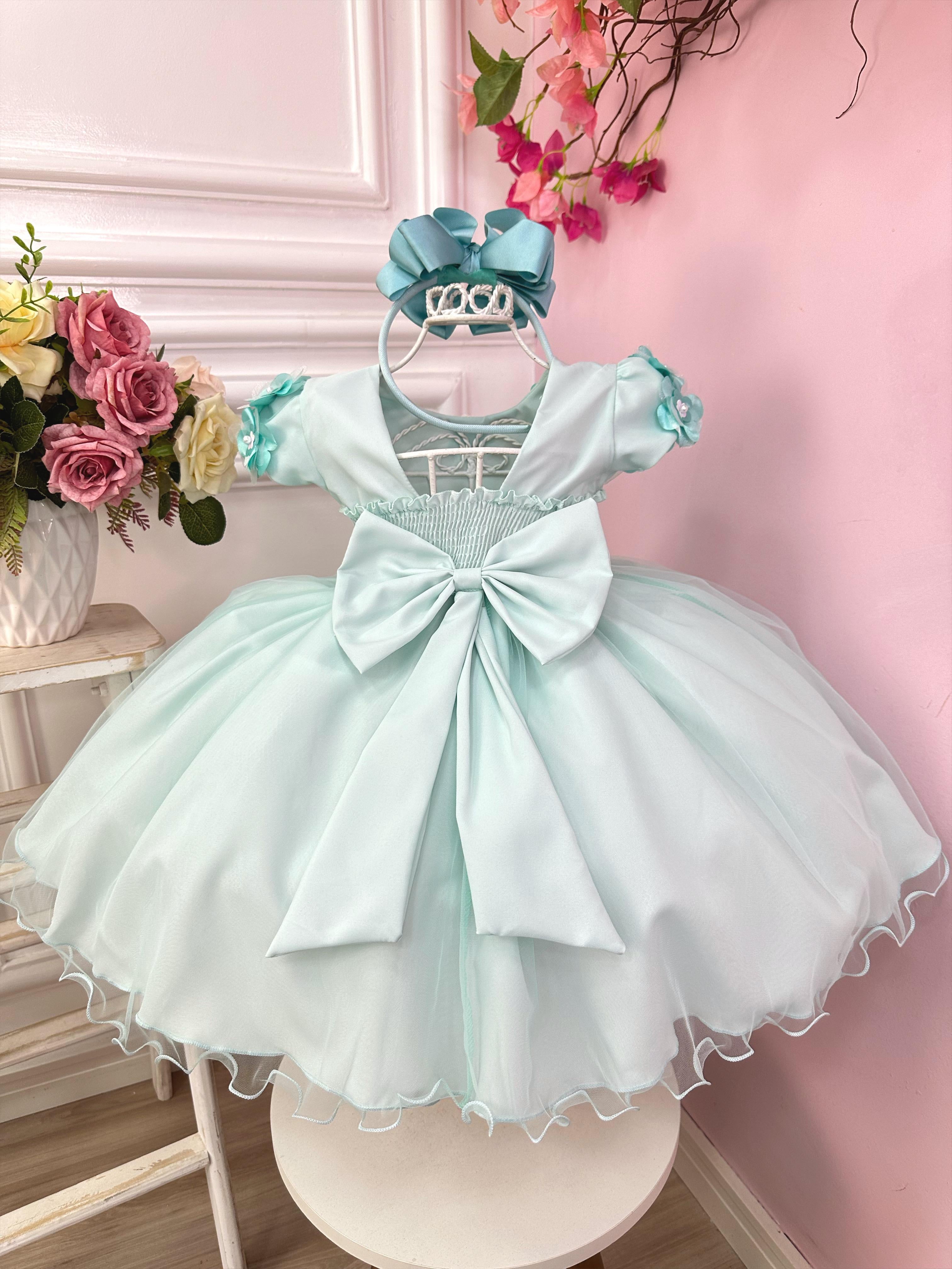 Vestido Infantil Verde Claro Com Apliques de Flores Daminha