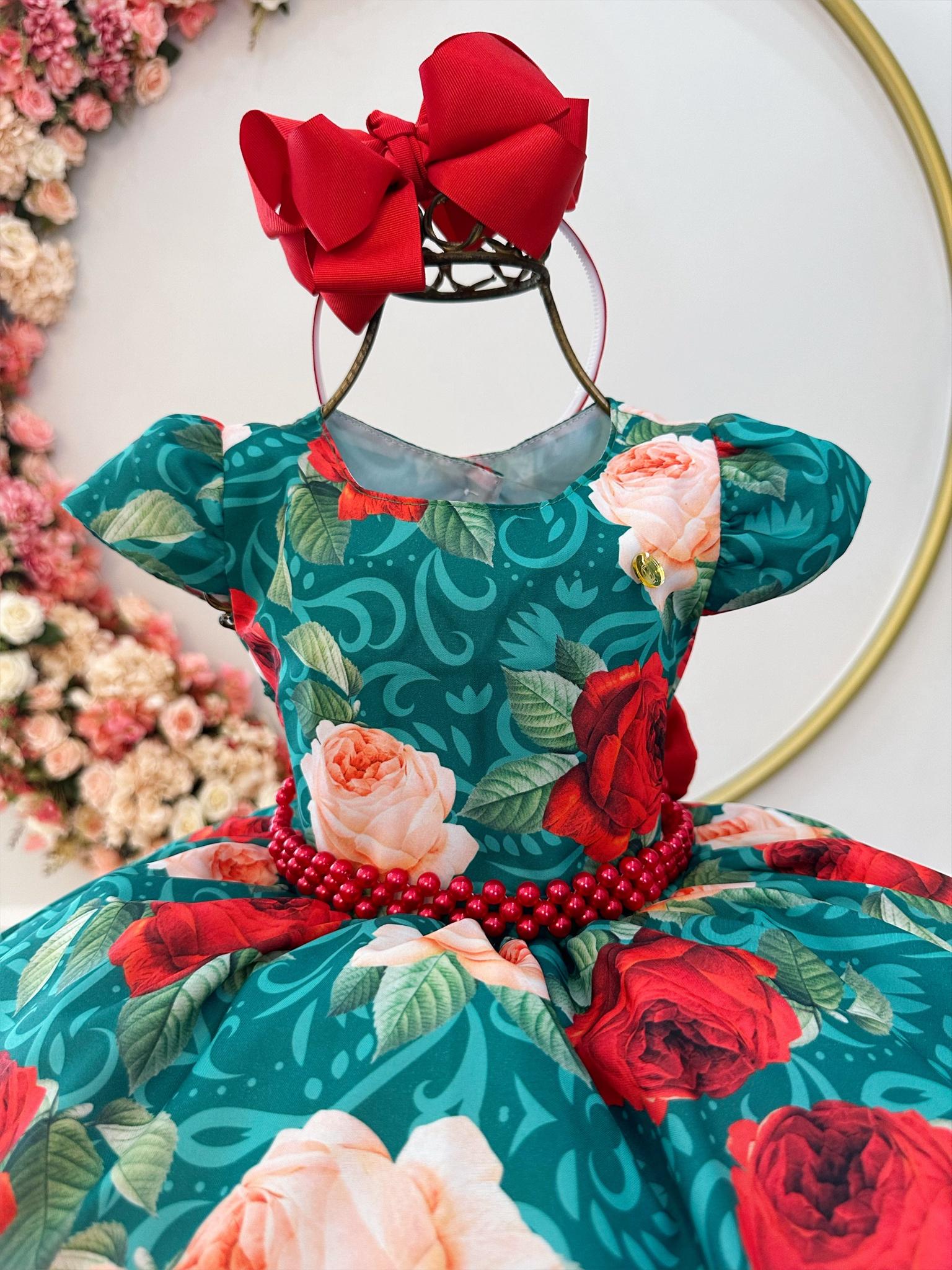 Vestido Infantil Verde Florido Com Cinto de Pérolas Natal