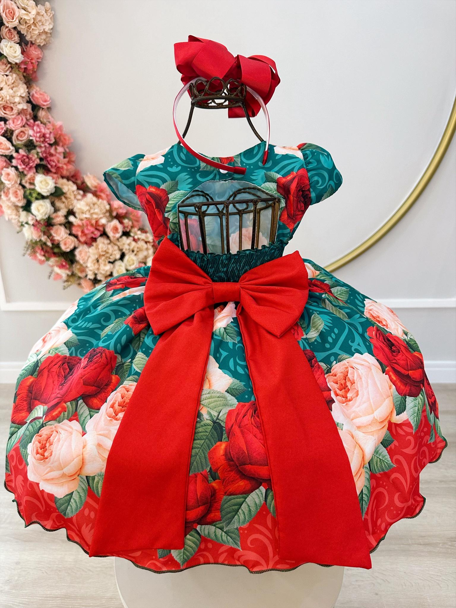 Vestido Infantil Verde Florido Com Cinto de Pérolas Natal
