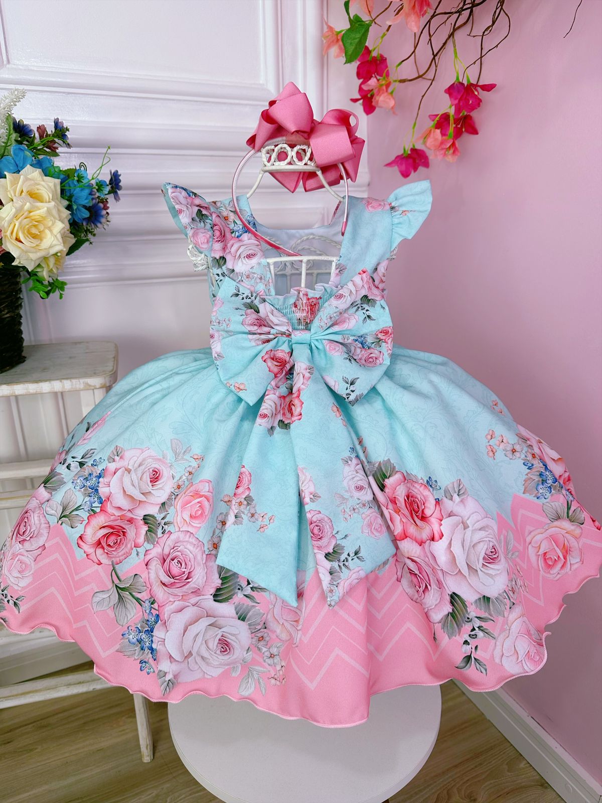 Vestido Infantil Verde Tiffany Rosas Cinto Pérolas Luxo Paris