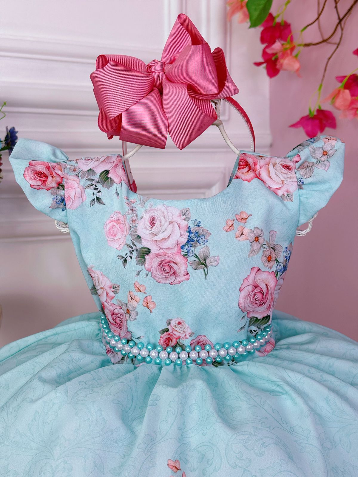 Vestido Infantil Verde Tiffany Rosas Cinto Pérolas Luxo Paris