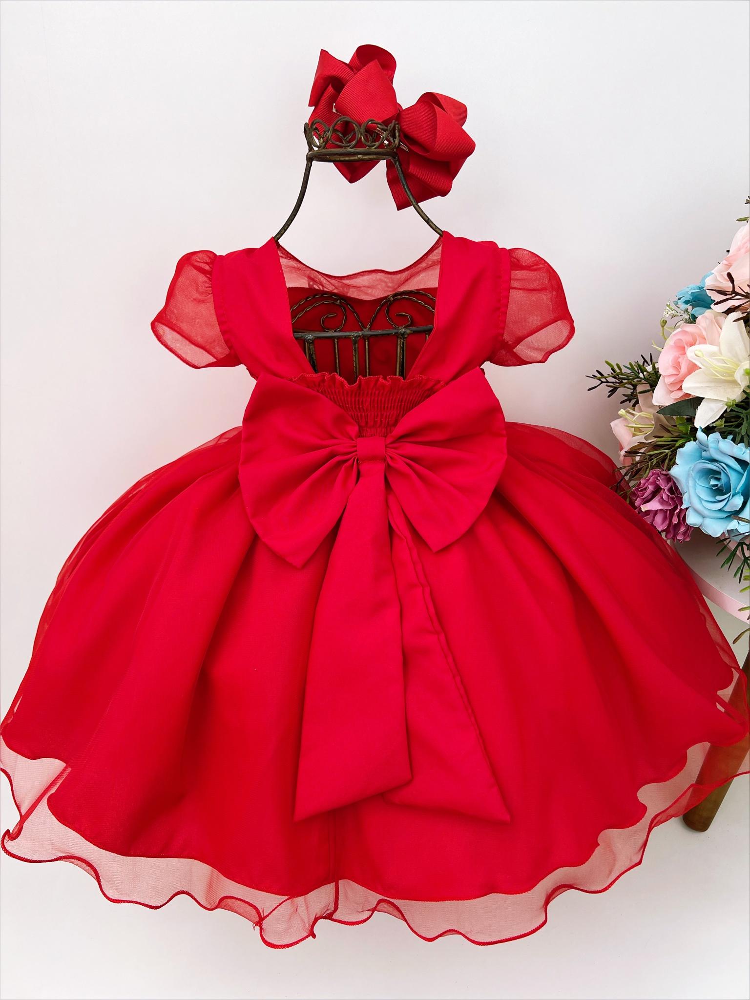 Vestido Infantil Vermelho Aplique Flores Borboletas Douradas
