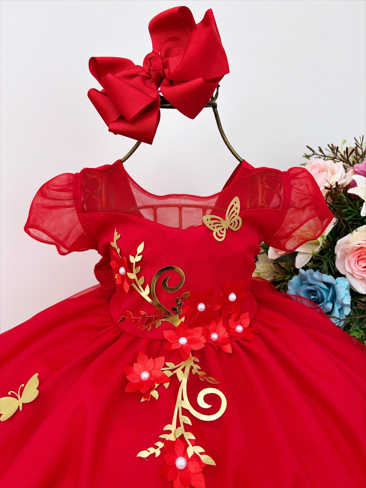 Vestido Infantil Vermelho Aplique Flores Borboletas Douradas