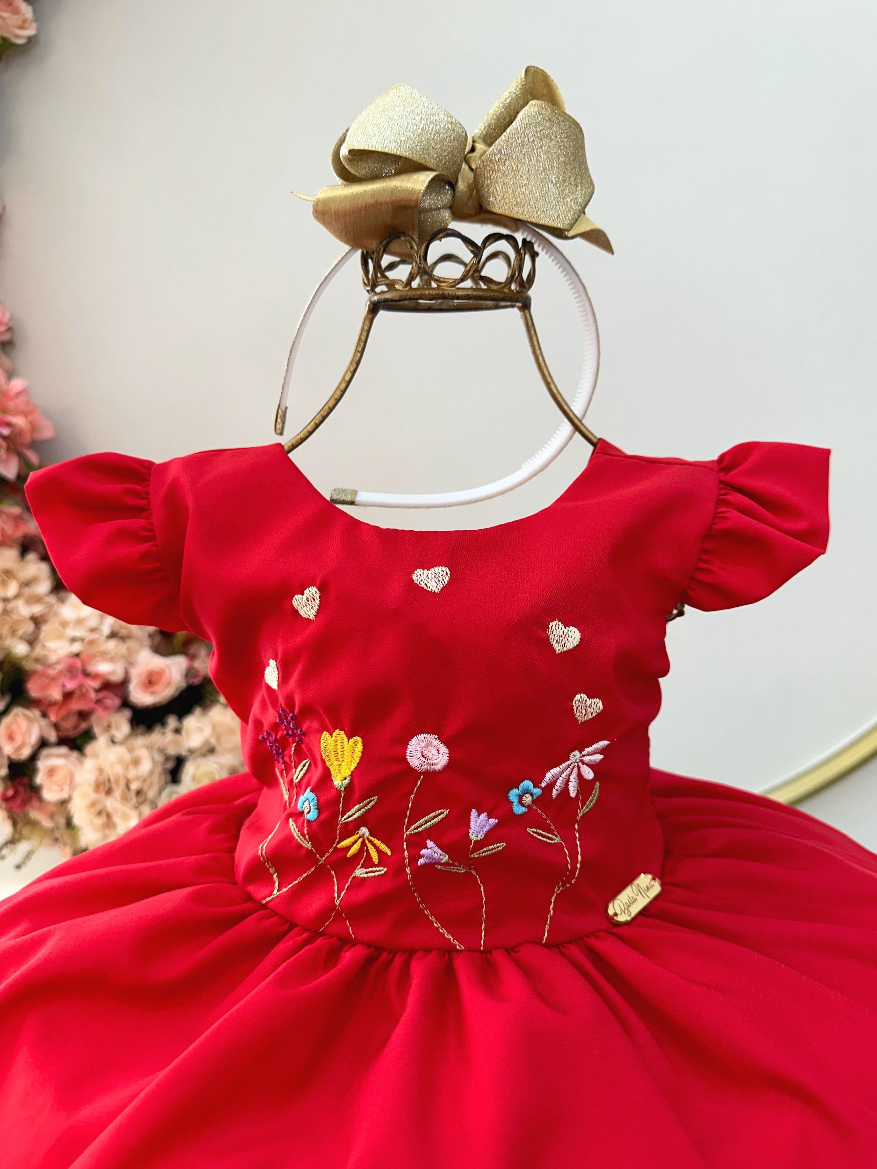 Vestido Infantil Vermelho Busto Com Bordado Festas Luxo