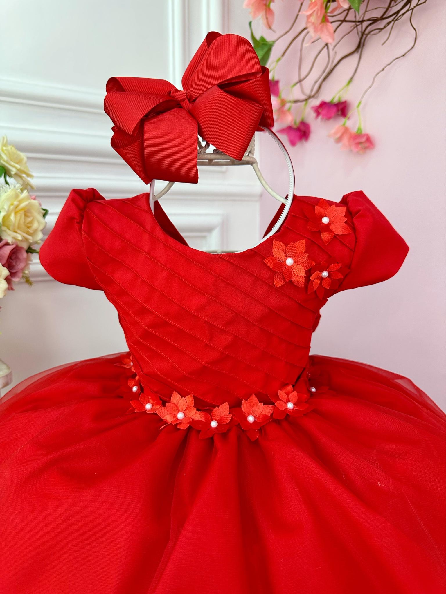 Vestido Infantil Vermelho Busto Plissado Flores Festas Natal