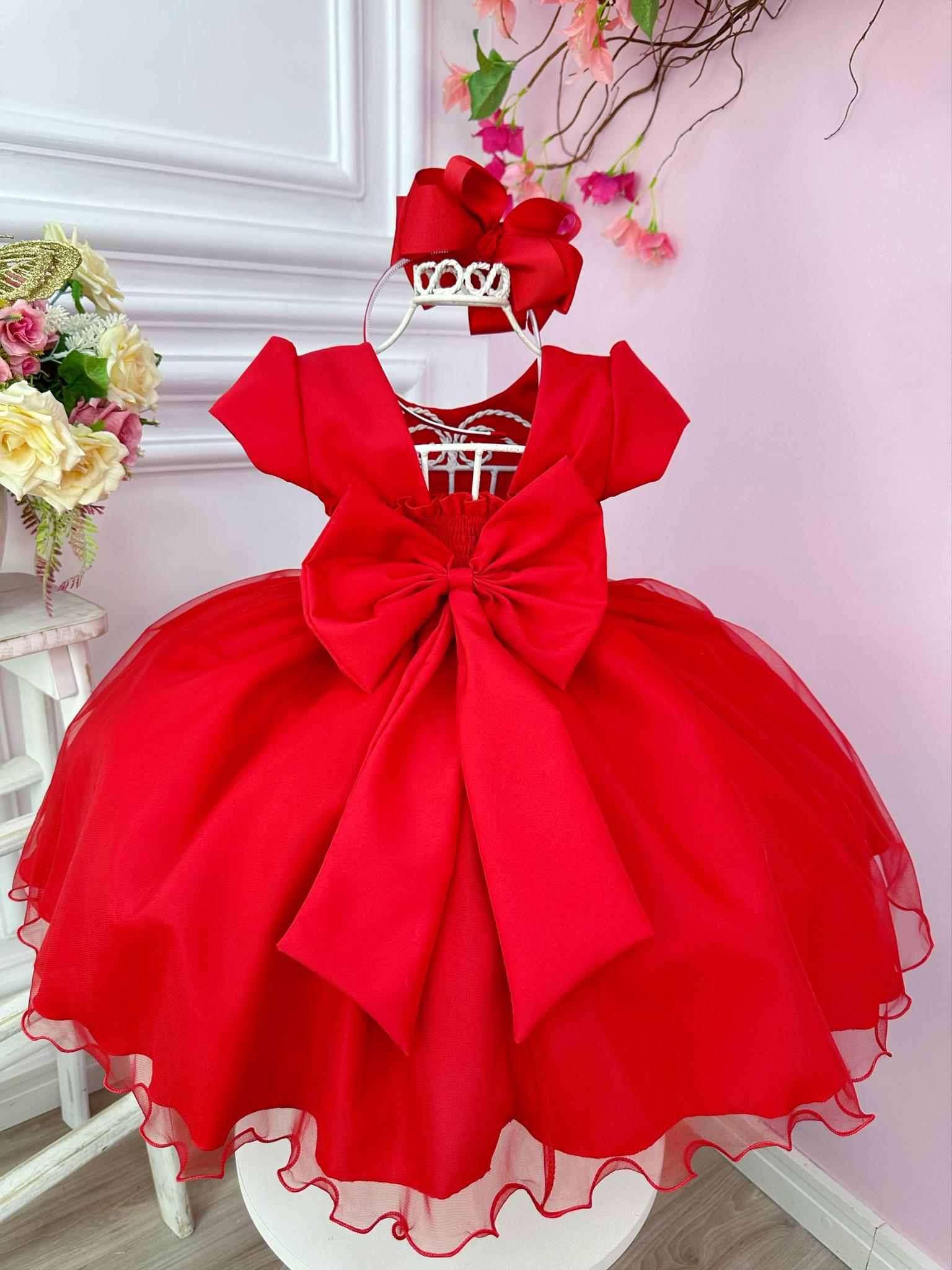 Vestido Infantil Vermelho Busto Plissado Flores Festas Natal