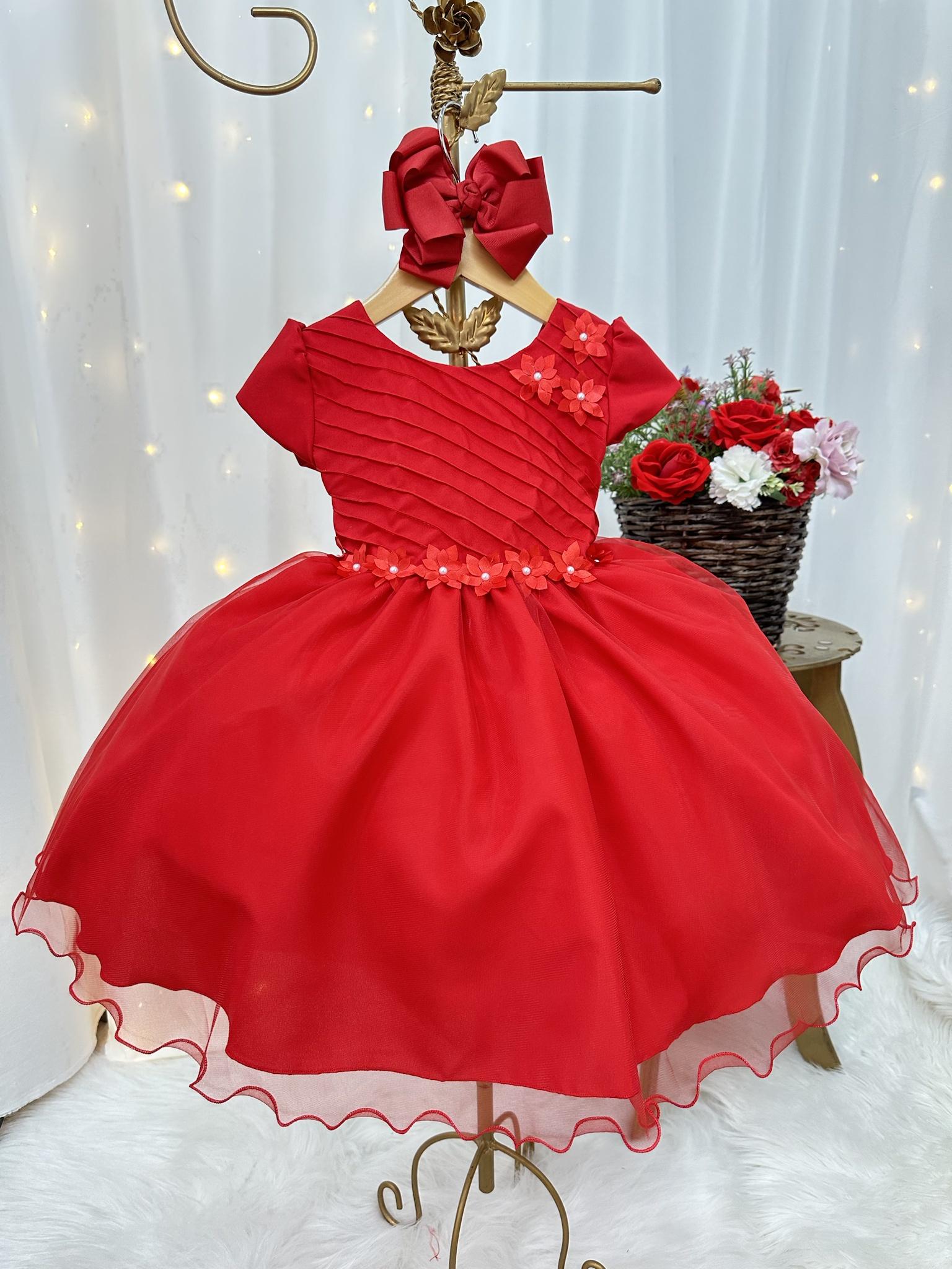 Vestido Infantil Vermelho Busto Plissado Flores Festas Natal