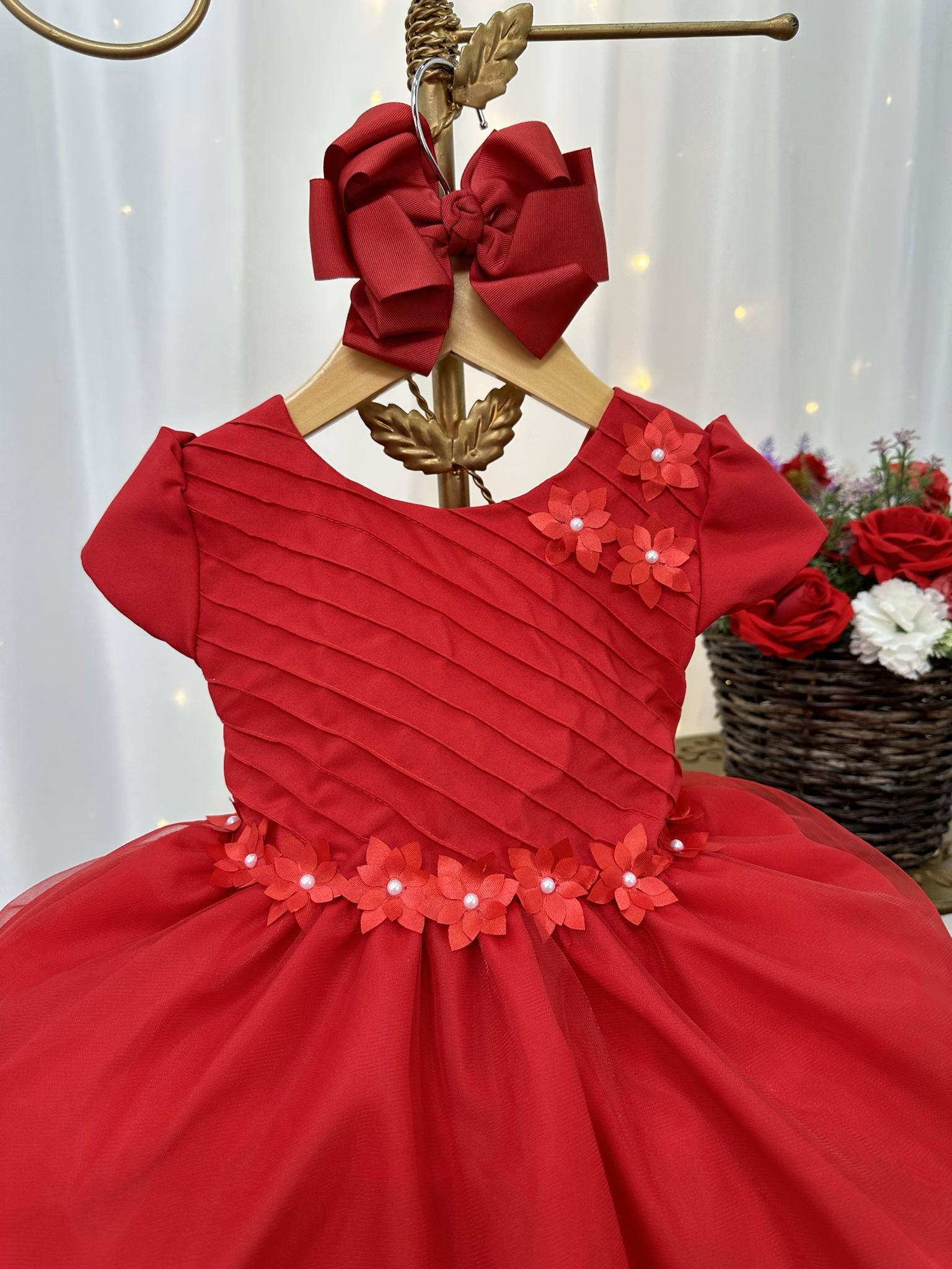 Vestido Infantil Vermelho Busto Plissado Flores Festas Natal
