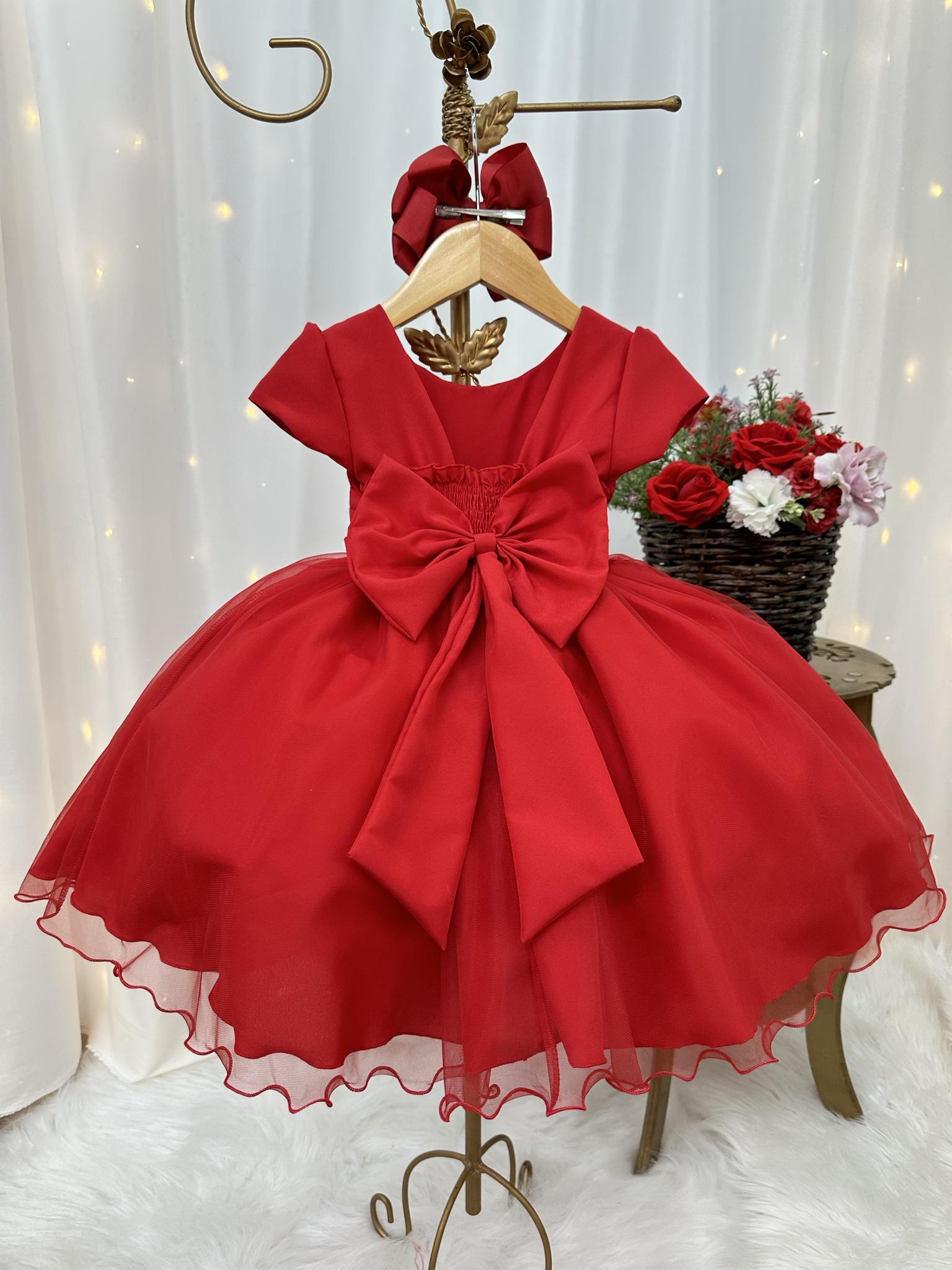 Vestido Infantil Vermelho Busto Plissado Flores Festas Natal
