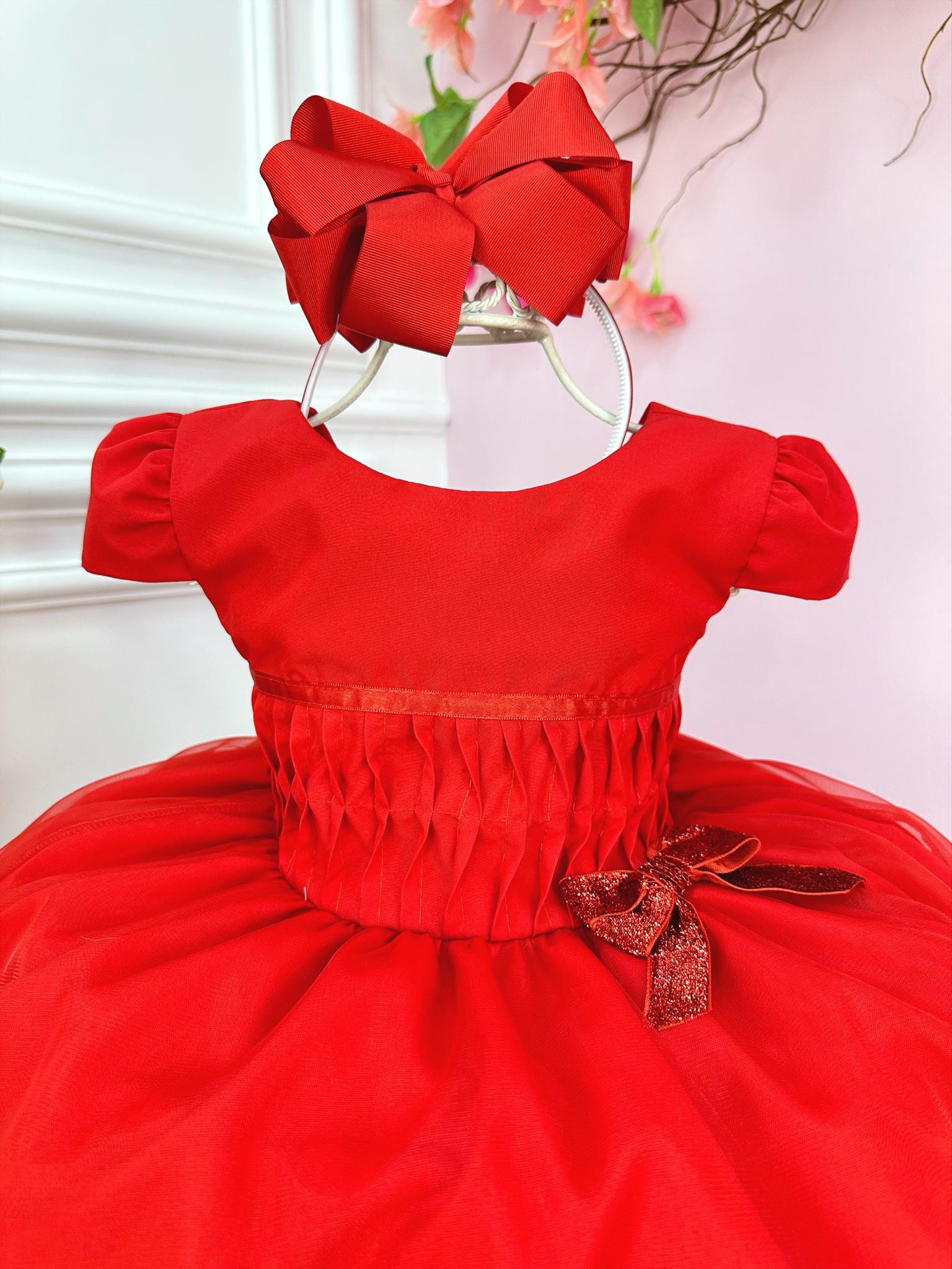 Vestido Infantil Vermelho Busto Plissado Lacinho Festa Natal