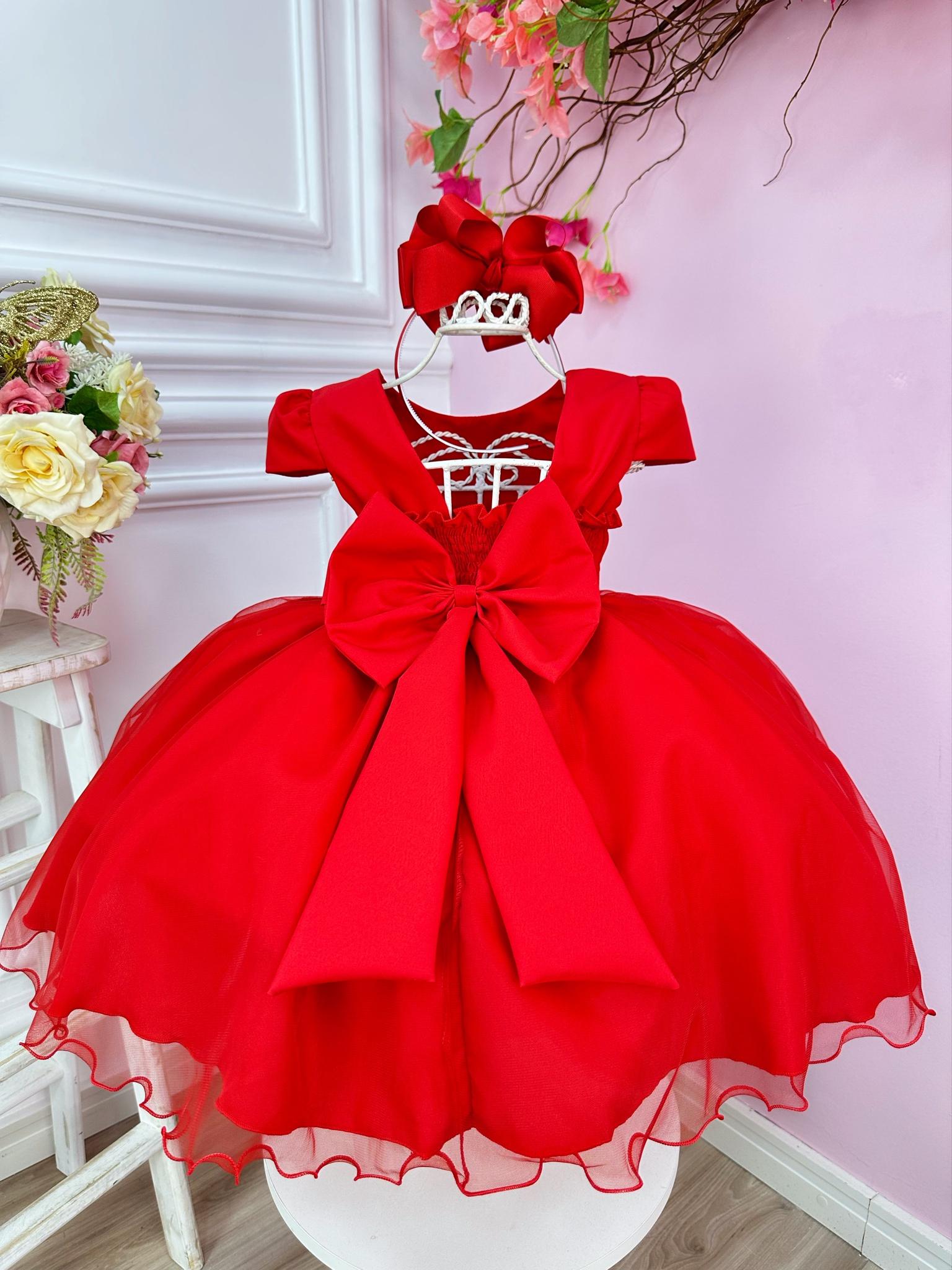 Vestido Infantil Vermelho Busto Plissado Lacinho Festa Natal