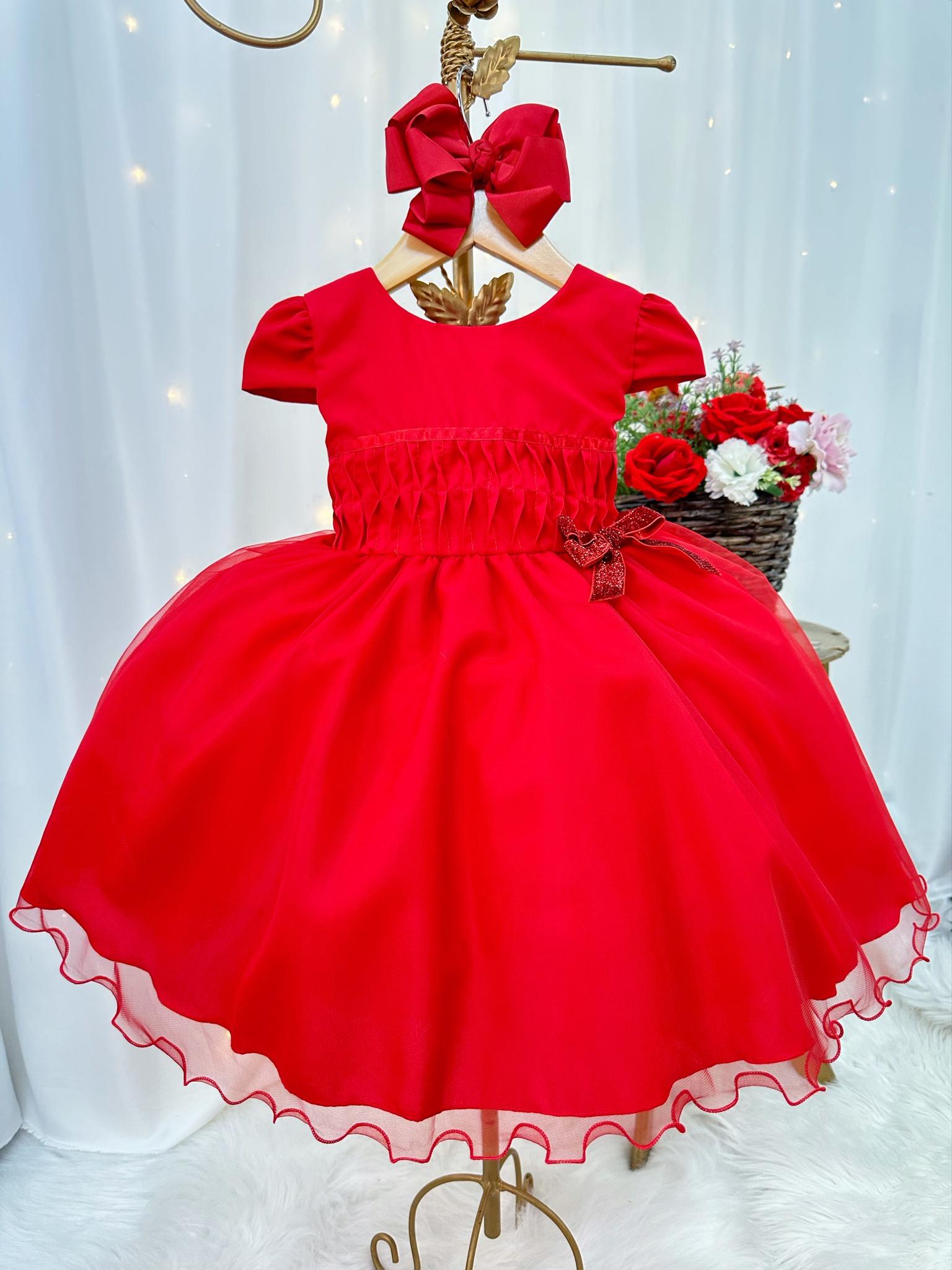 Vestido Infantil Vermelho Busto Plissado Lacinho Festa Natal