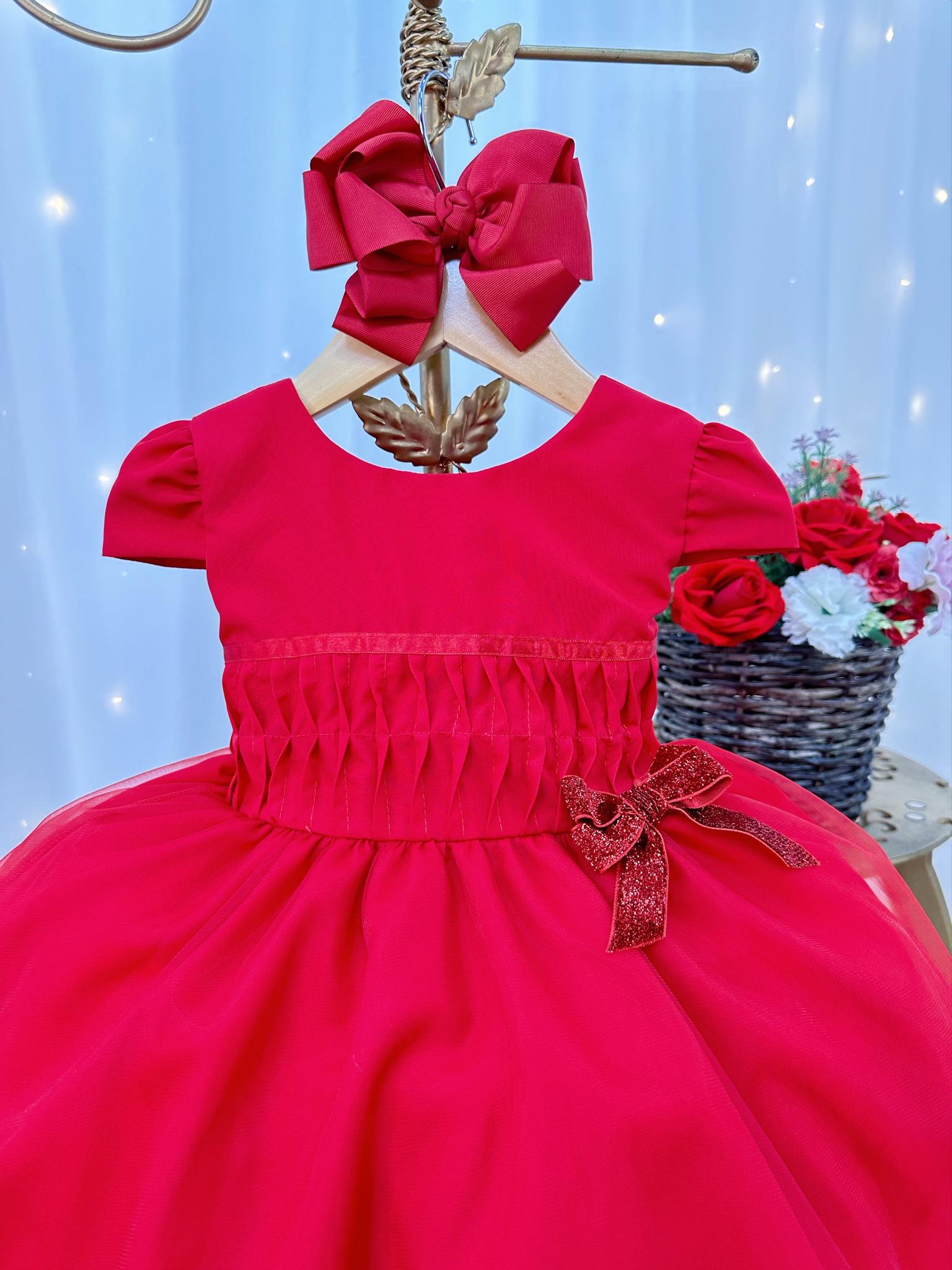 Vestido Infantil Vermelho Busto Plissado Lacinho Festa Natal