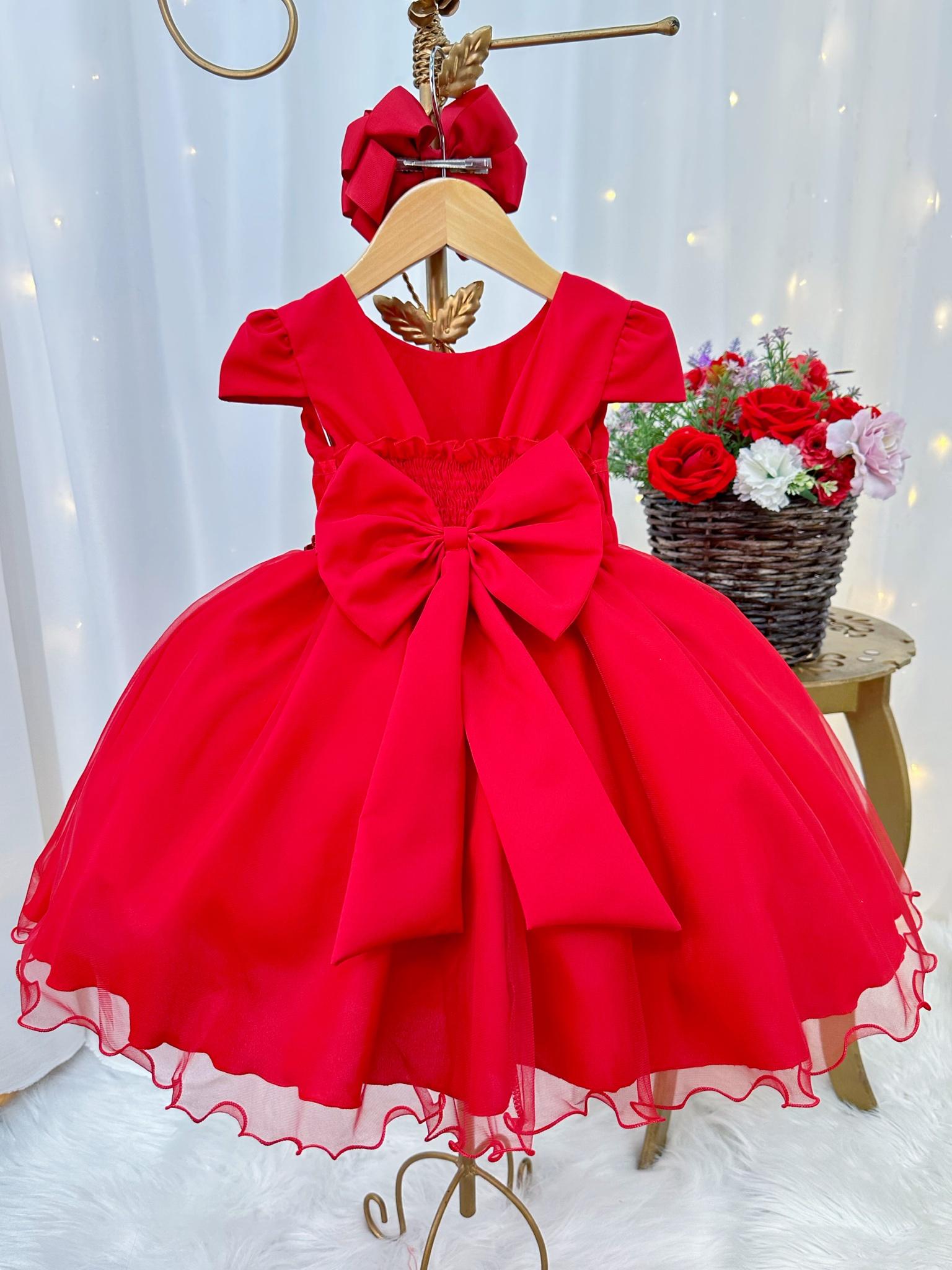 Vestido Infantil Vermelho Busto Plissado Lacinho Festa Natal