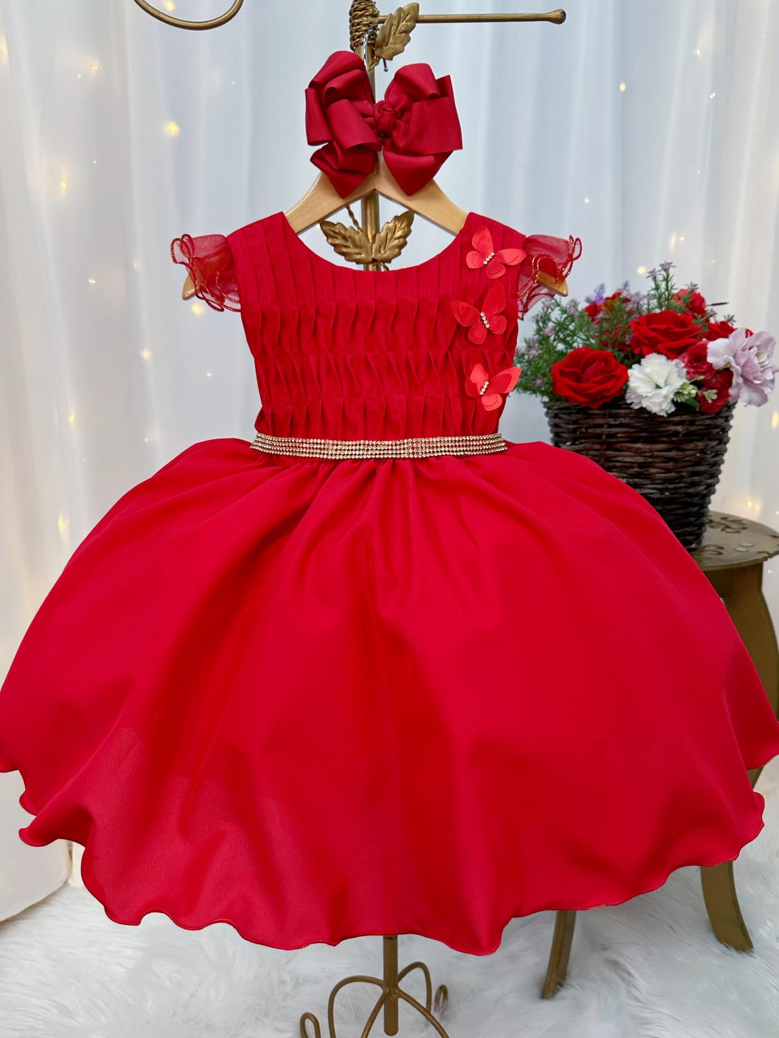 Vestido Infantil Vermelho Busto Plissado Strass Flores Natal