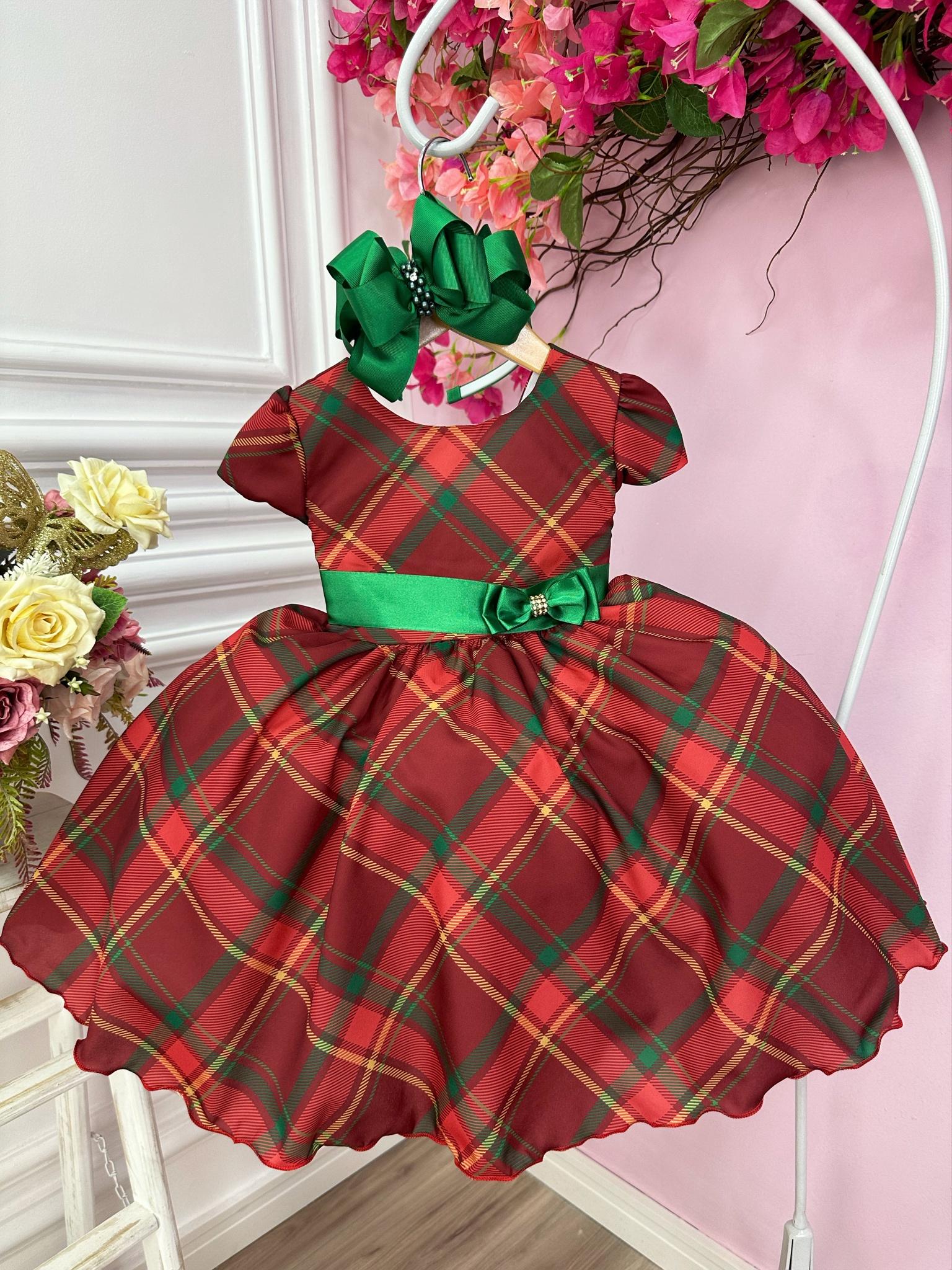 Vestido Infantil Vermelho C/ Xadrez Natal Festas Luxo