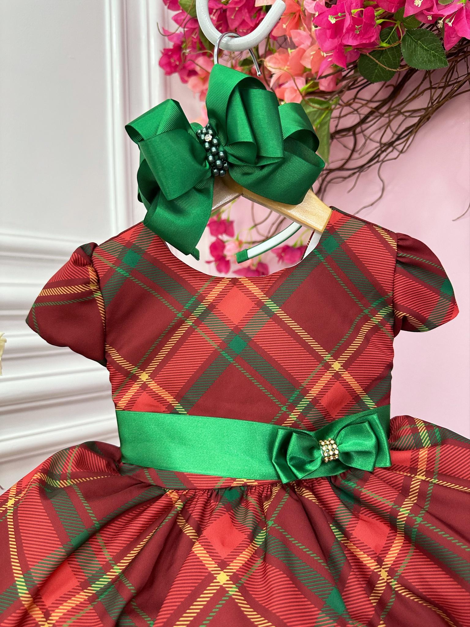 Vestido Infantil Vermelho C/ Xadrez Natal Festas Luxo